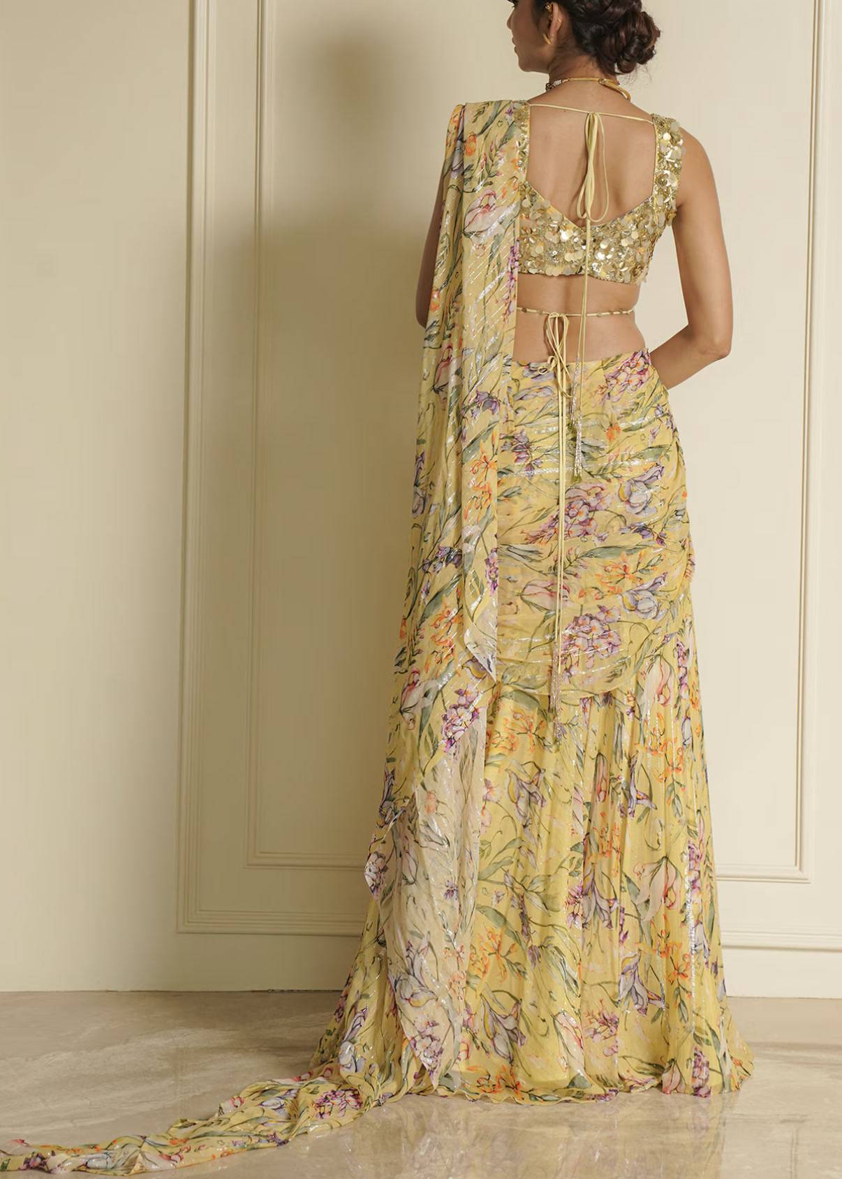 *unavailable* Yellow Floral Print Pre-Drape Sari Image - 2