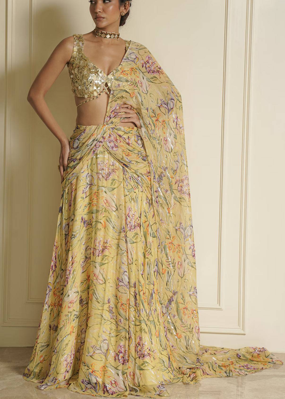 *unavailable* Yellow Floral Print Pre-Drape Sari Image - 1