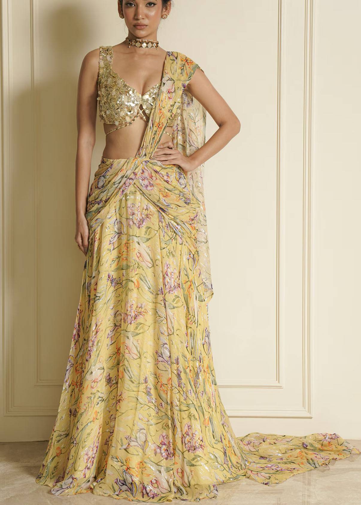 *unavailable* Yellow Floral Print Pre-Drape Sari Image - 3