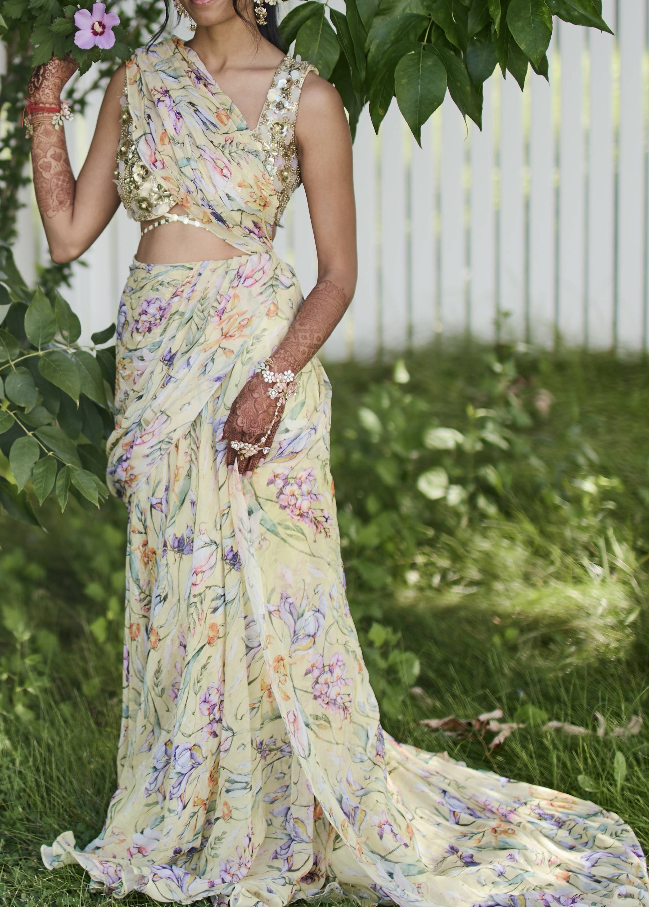 *unavailable* Yellow Floral Print Pre-Drape Sari Image - 0