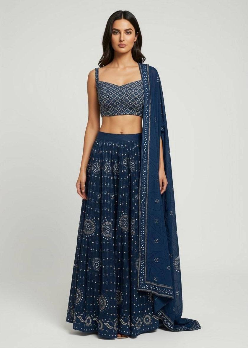 Navy Mirrorwork Lehenga Image - 0