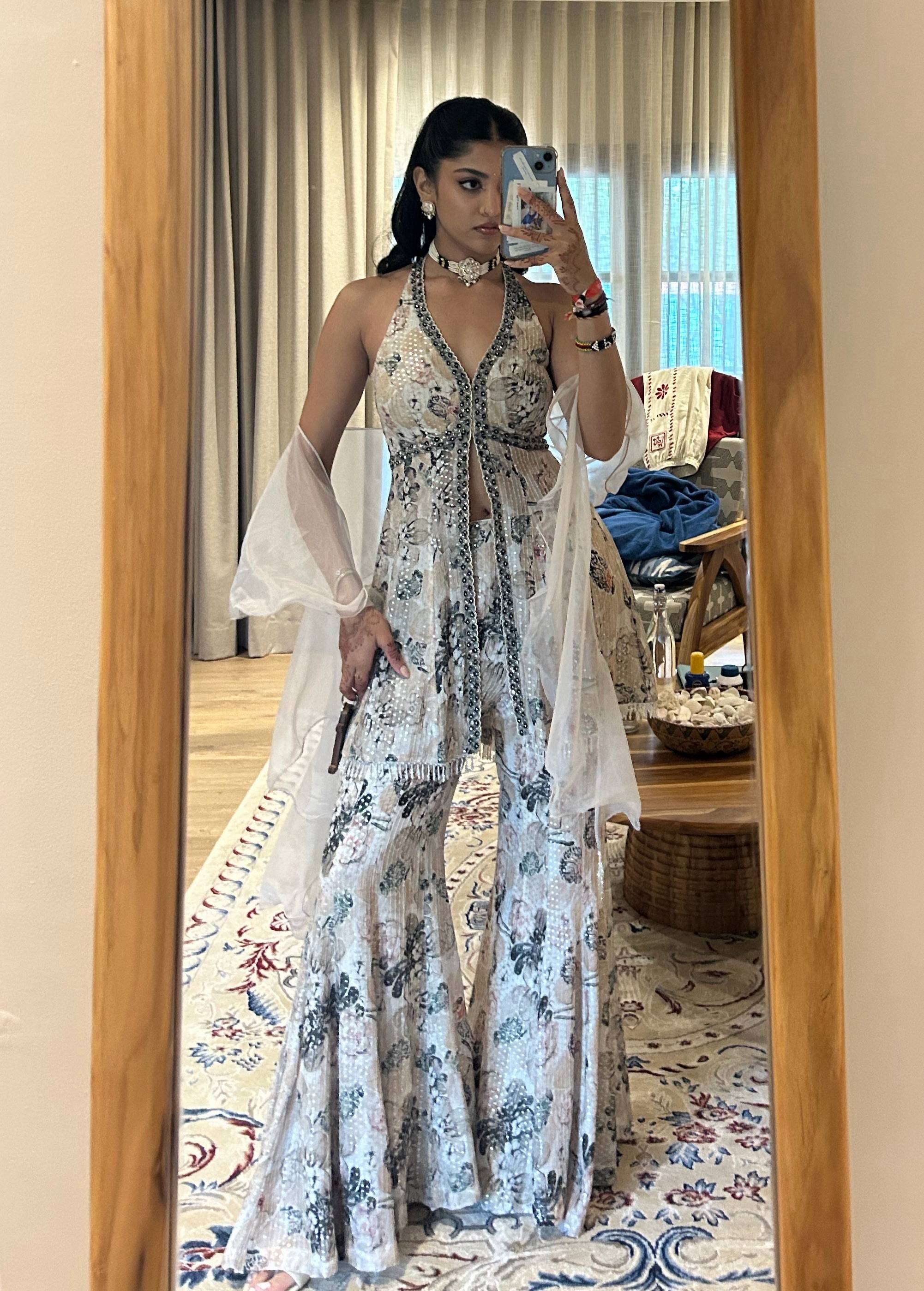 Ivory Beaded Halter Sharara Set Image - 0