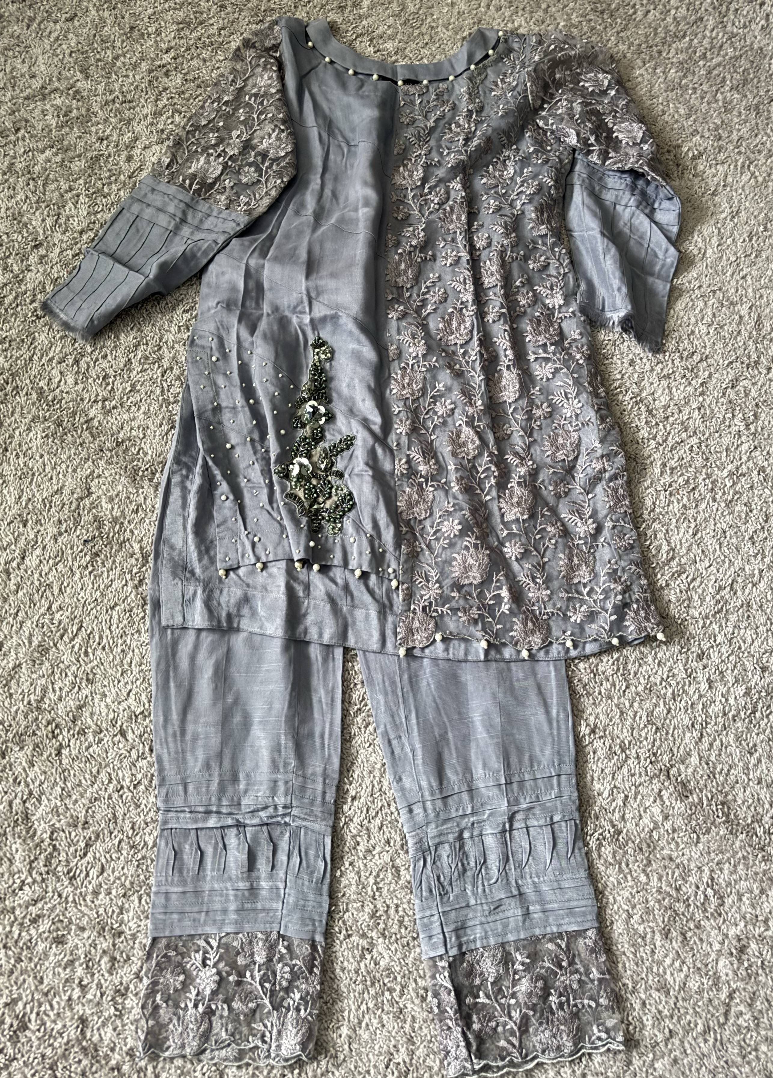 Silver Embroidered Kurta Set Image - 0