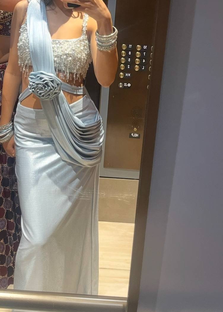 Powder Blue Embellished Pre-Draped Sari Image - 1