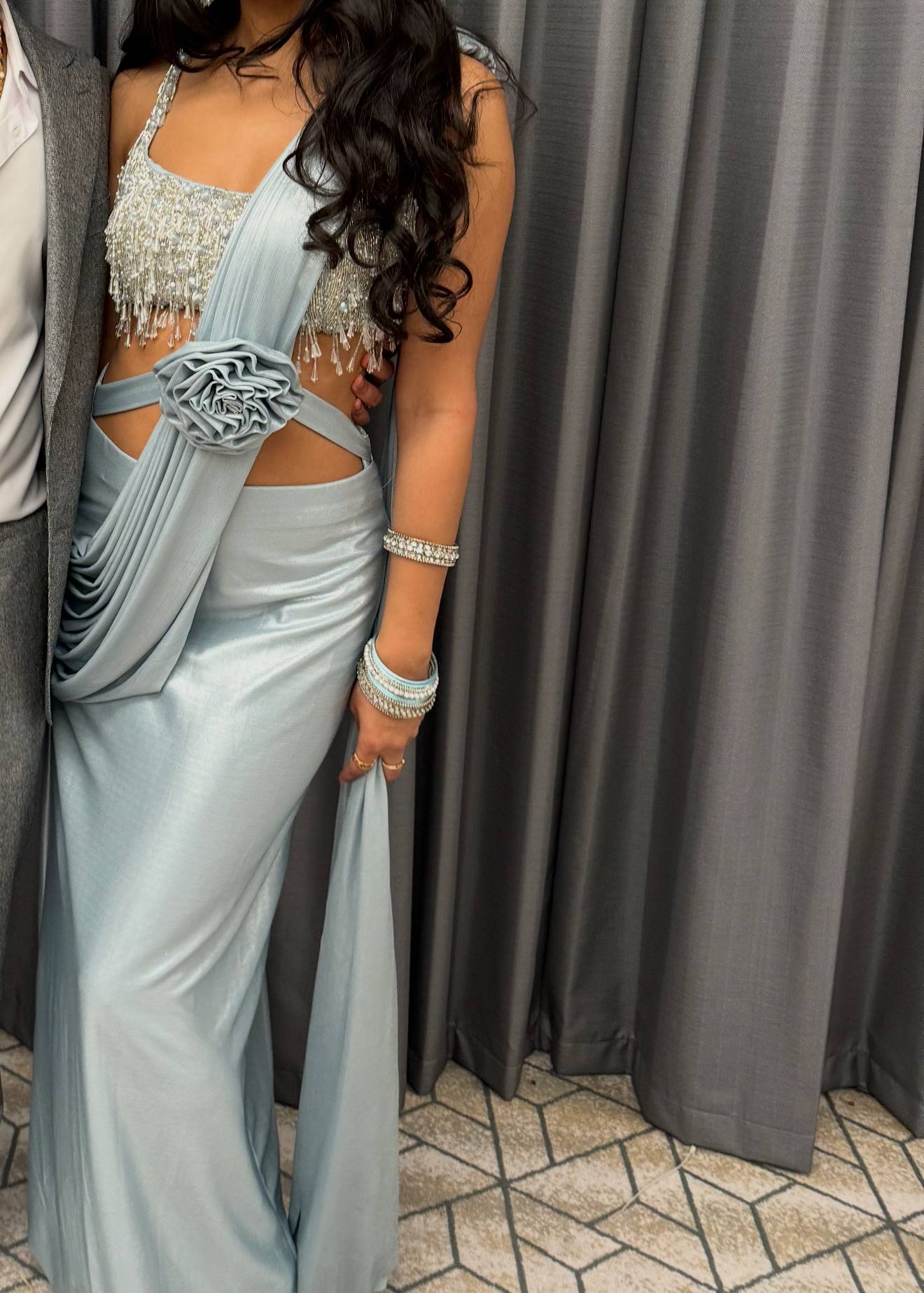 Powder Blue Embellished Pre-Draped Sari Image - 0