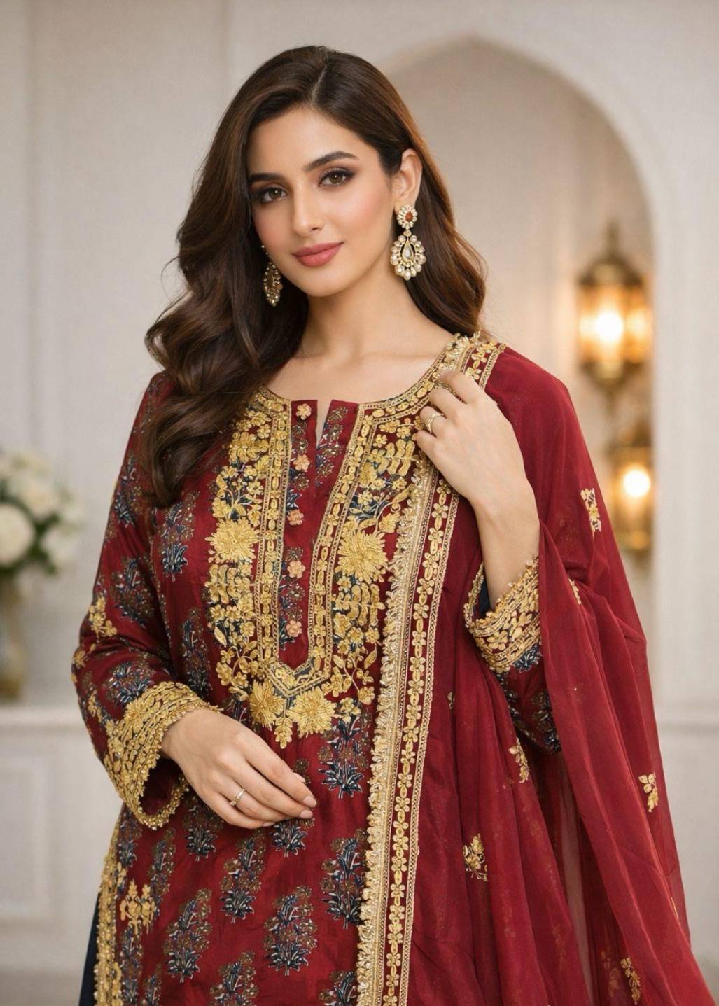 Maroon Embroidered Kurta Set Image - 1