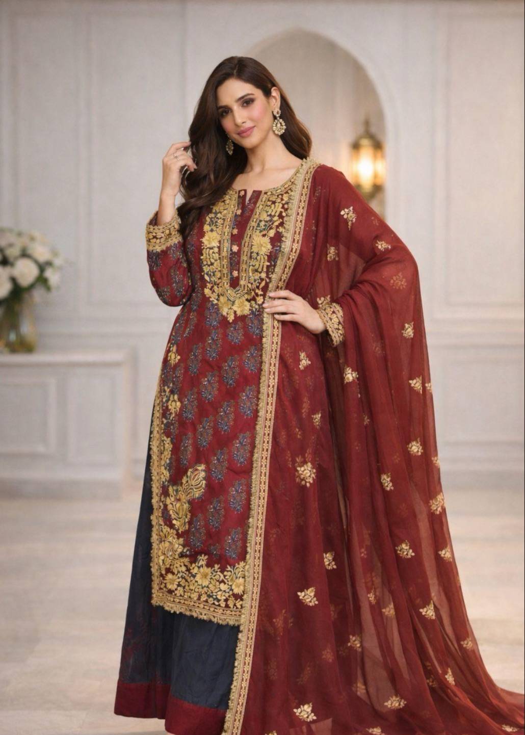 Maroon Embroidered Kurta Set Image - 0