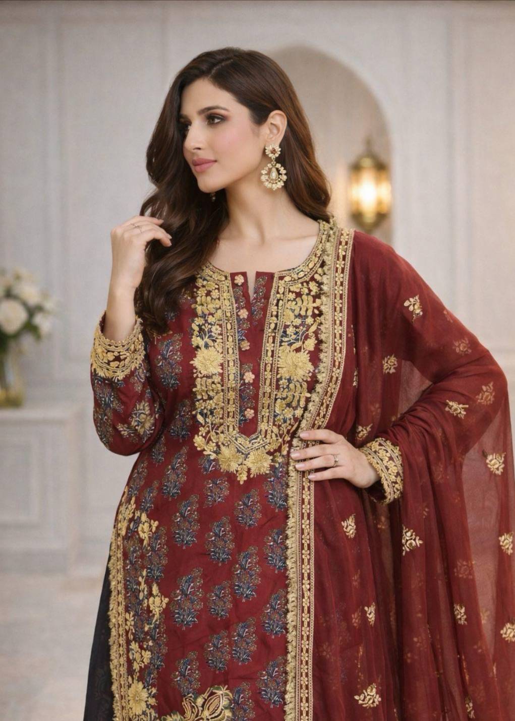 Maroon Embroidered Kurta Set Image - 2
