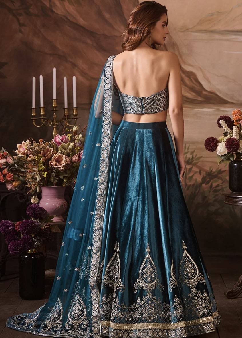 Teal Velvet Corset Lehenga Image - 2