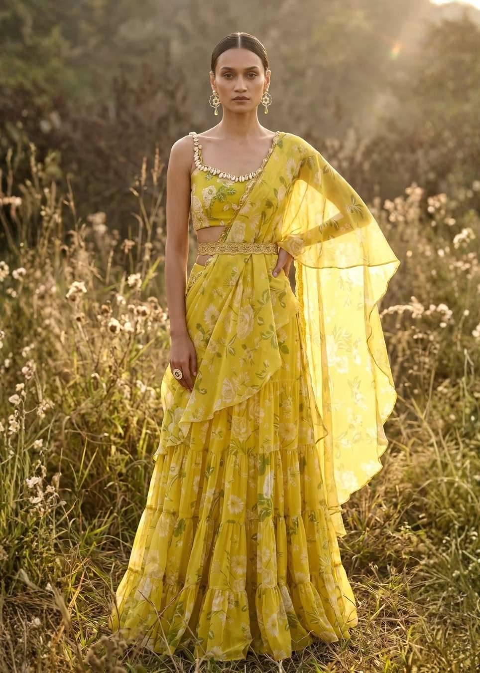 Yellow Embellished Floral Pre-Draped Sari Image - 0