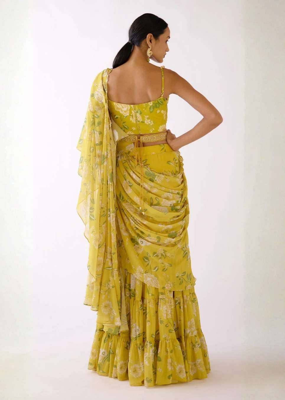 Yellow Embellished Floral Pre-Draped Sari Image - 2