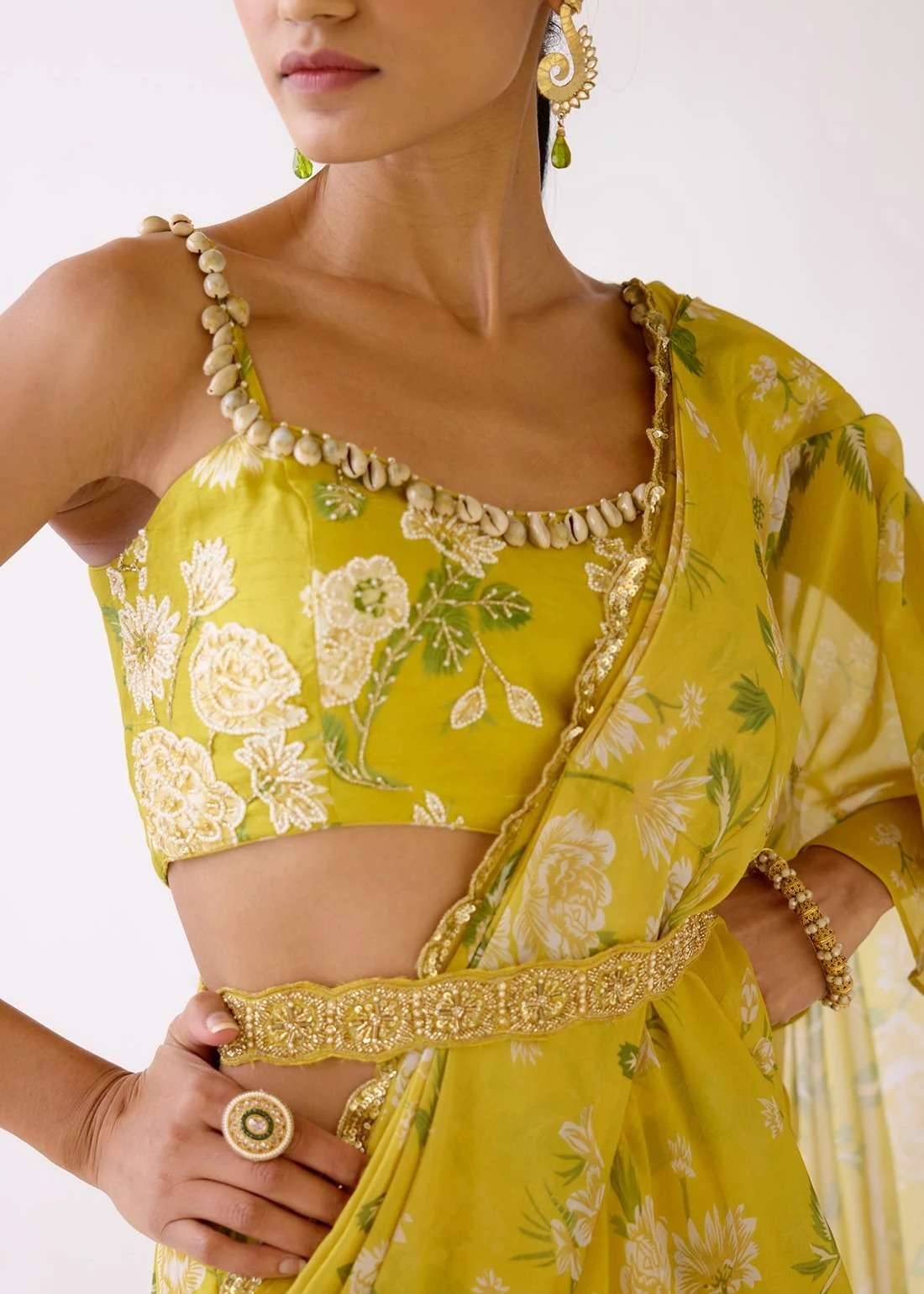 Yellow Embellished Floral Pre-Draped Sari Image - 3