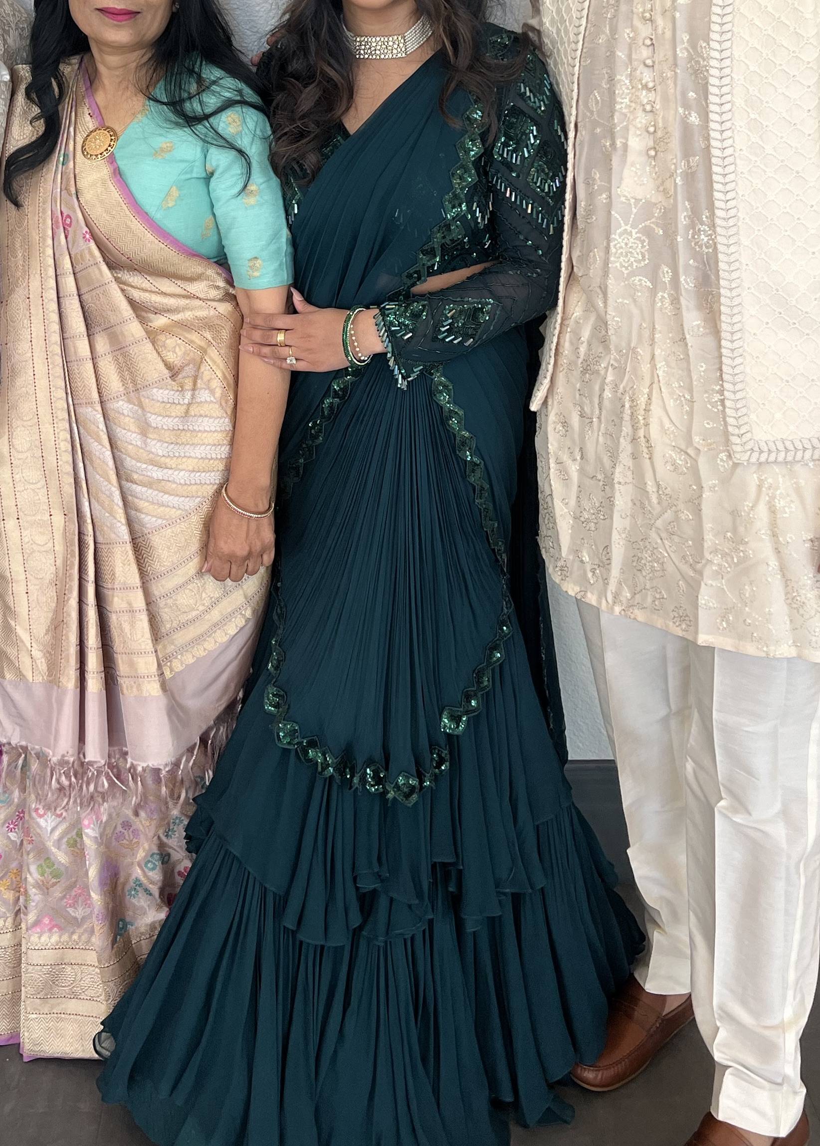 Emerald Green Beaded Tiered Lehenga Image - 2