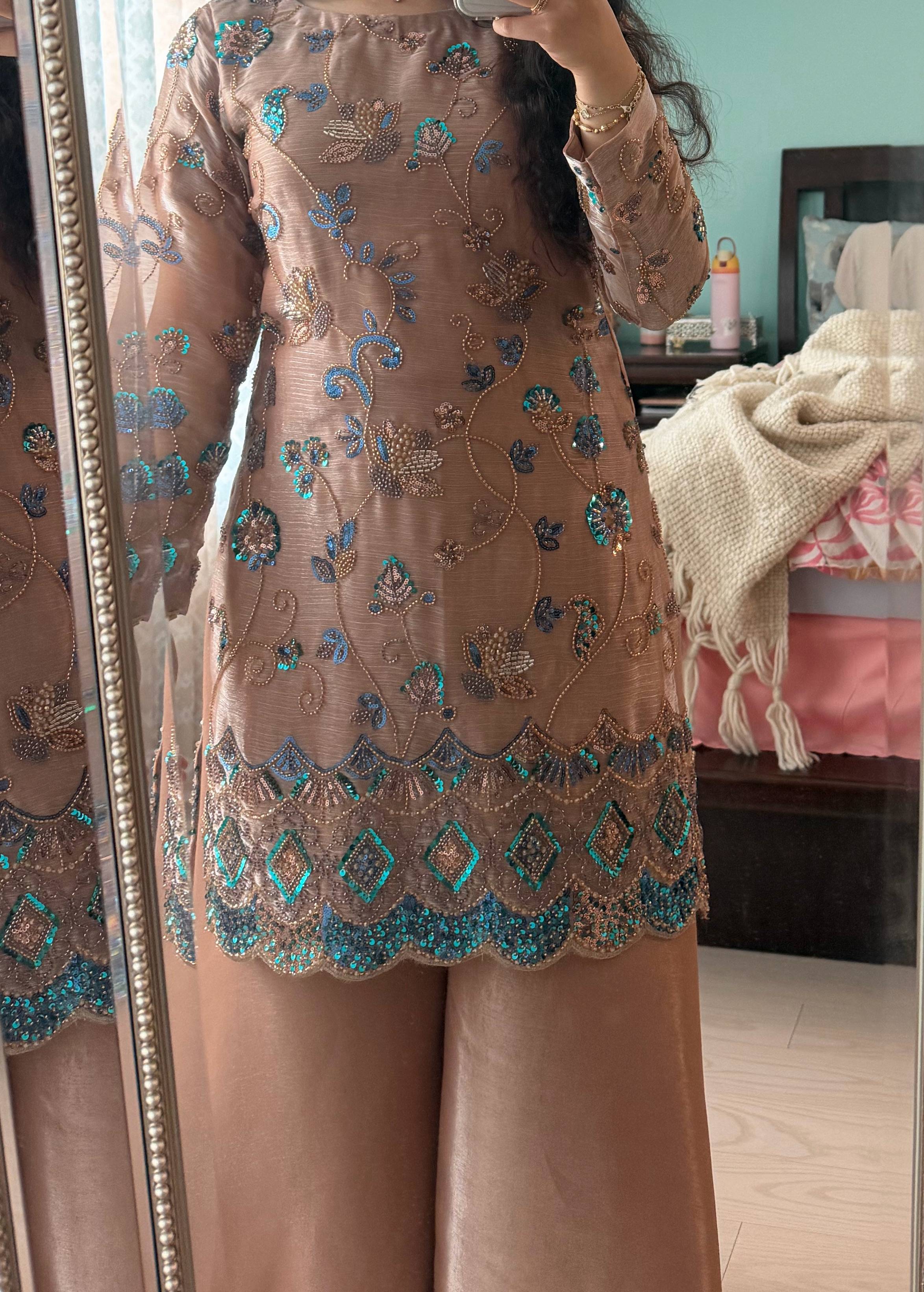 Peach Sequin Beaded Gharara Image - 2