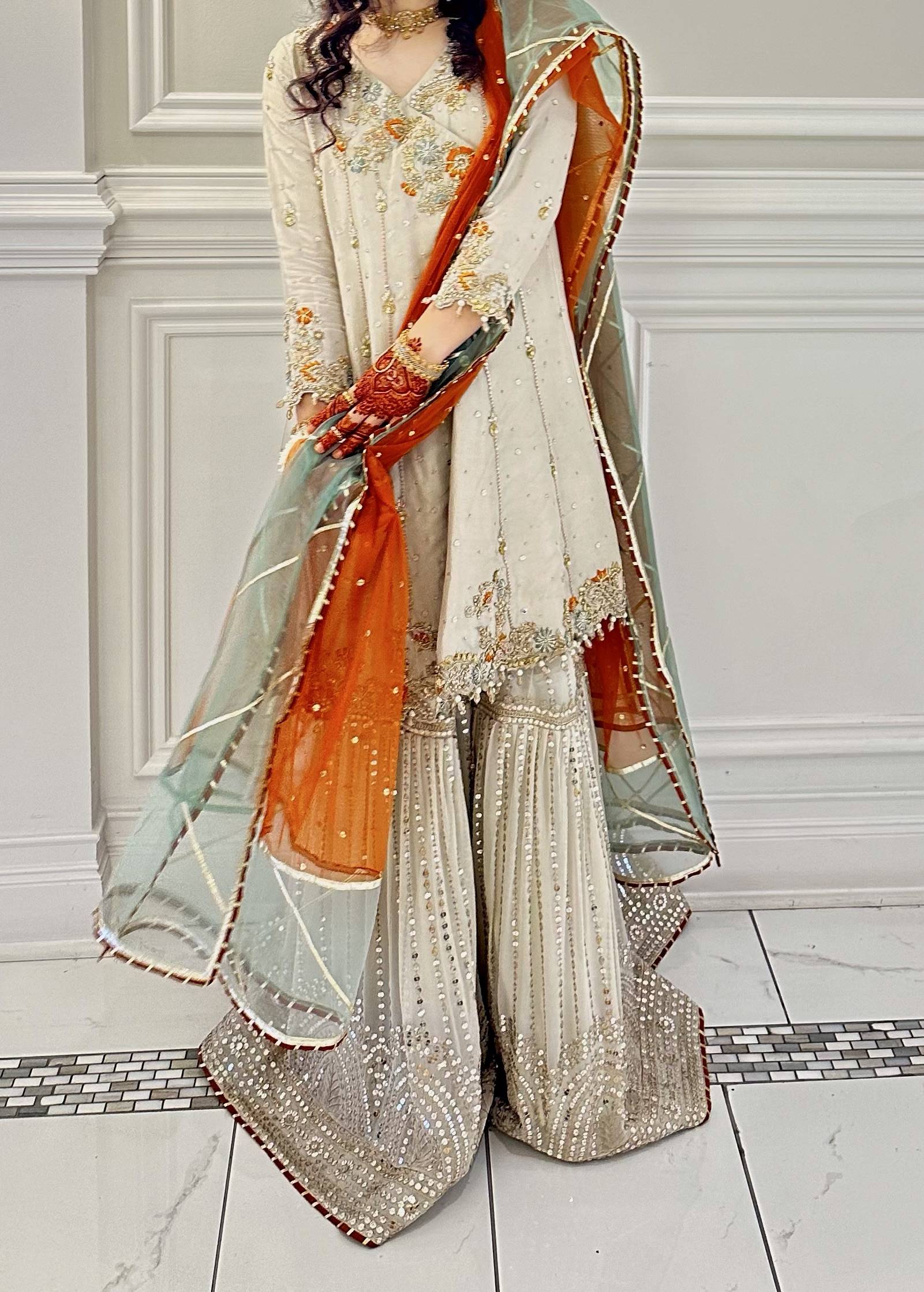 Ivory Floral Embroidered Gharara Image - 0