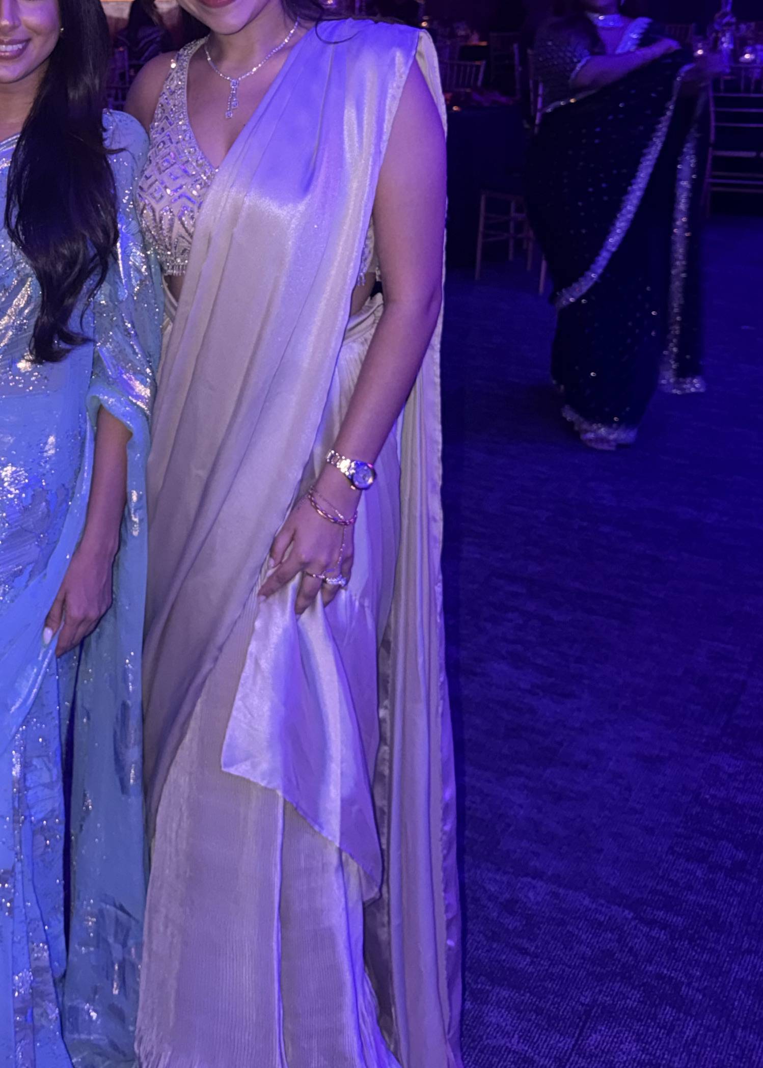 Beige Beaded Pre-Draped Sari Image - 3