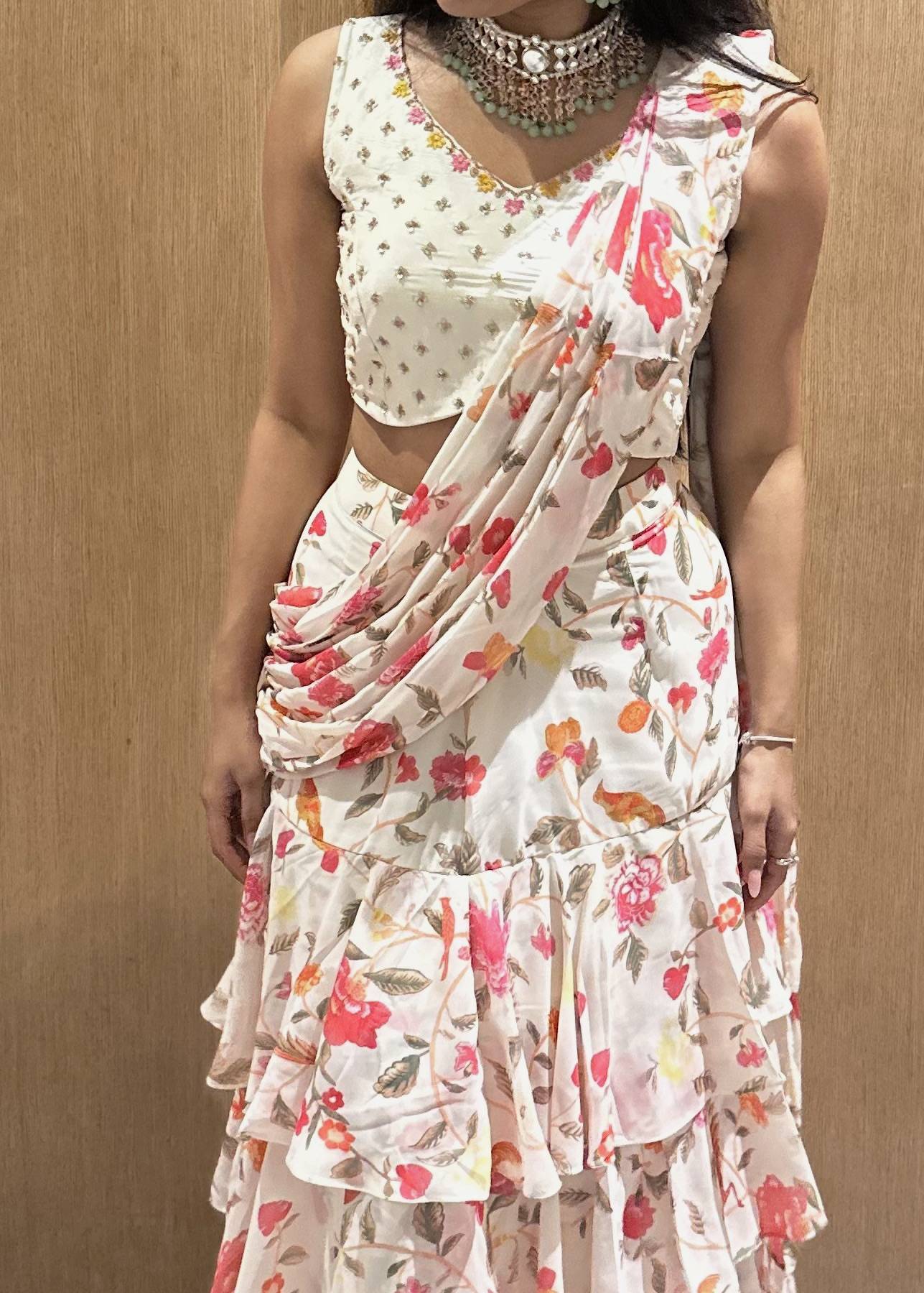 Ivory Floral Pre-Draped Sari Image - 3