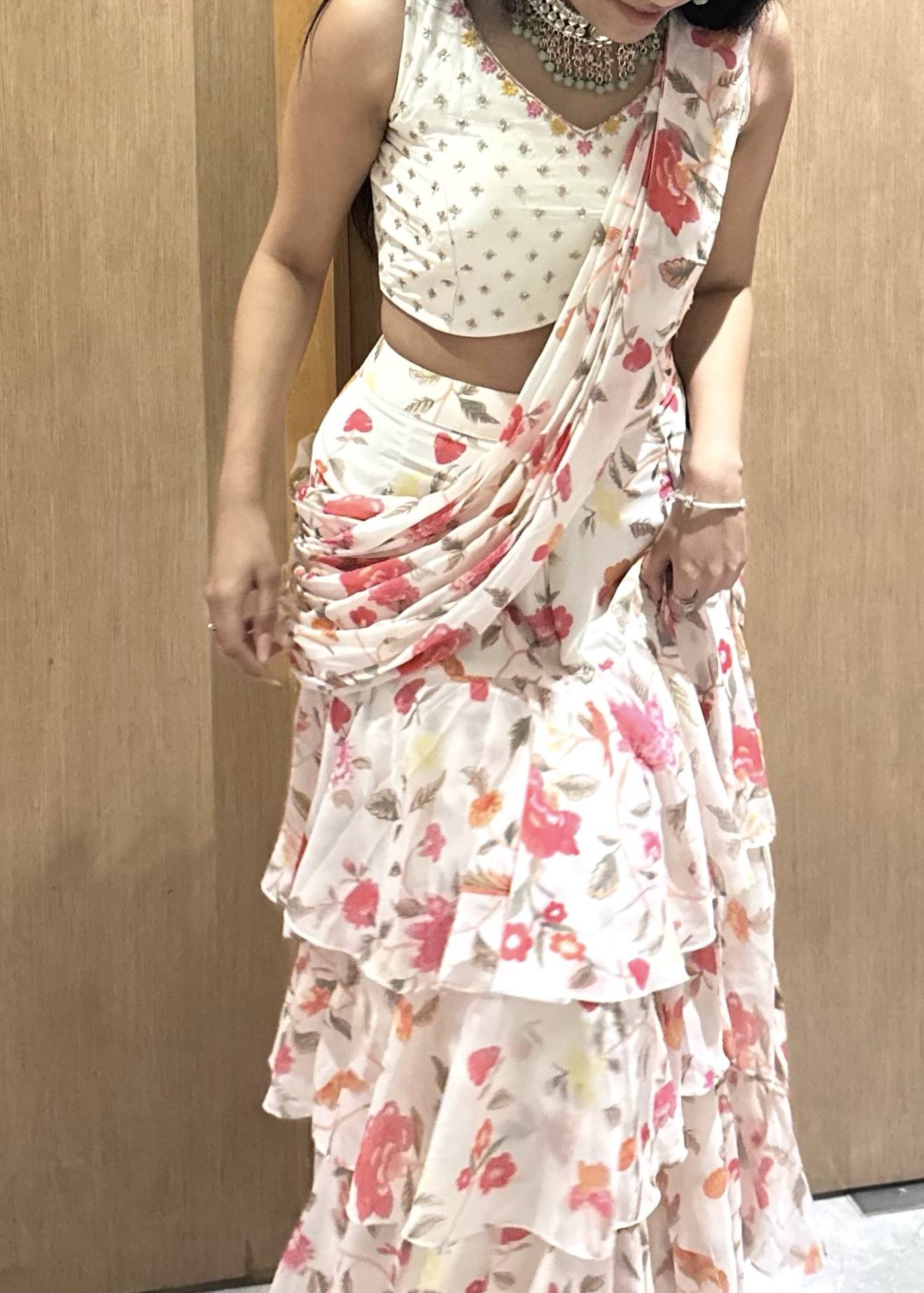 Ivory Floral Pre-Draped Sari Image - 4