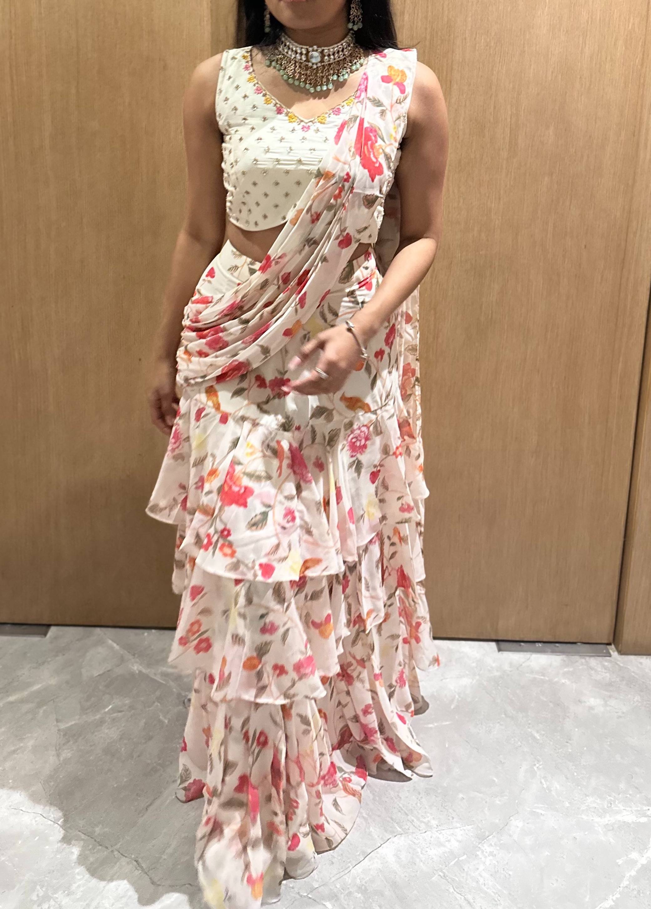 Ivory Floral Pre-Draped Sari Image - 1