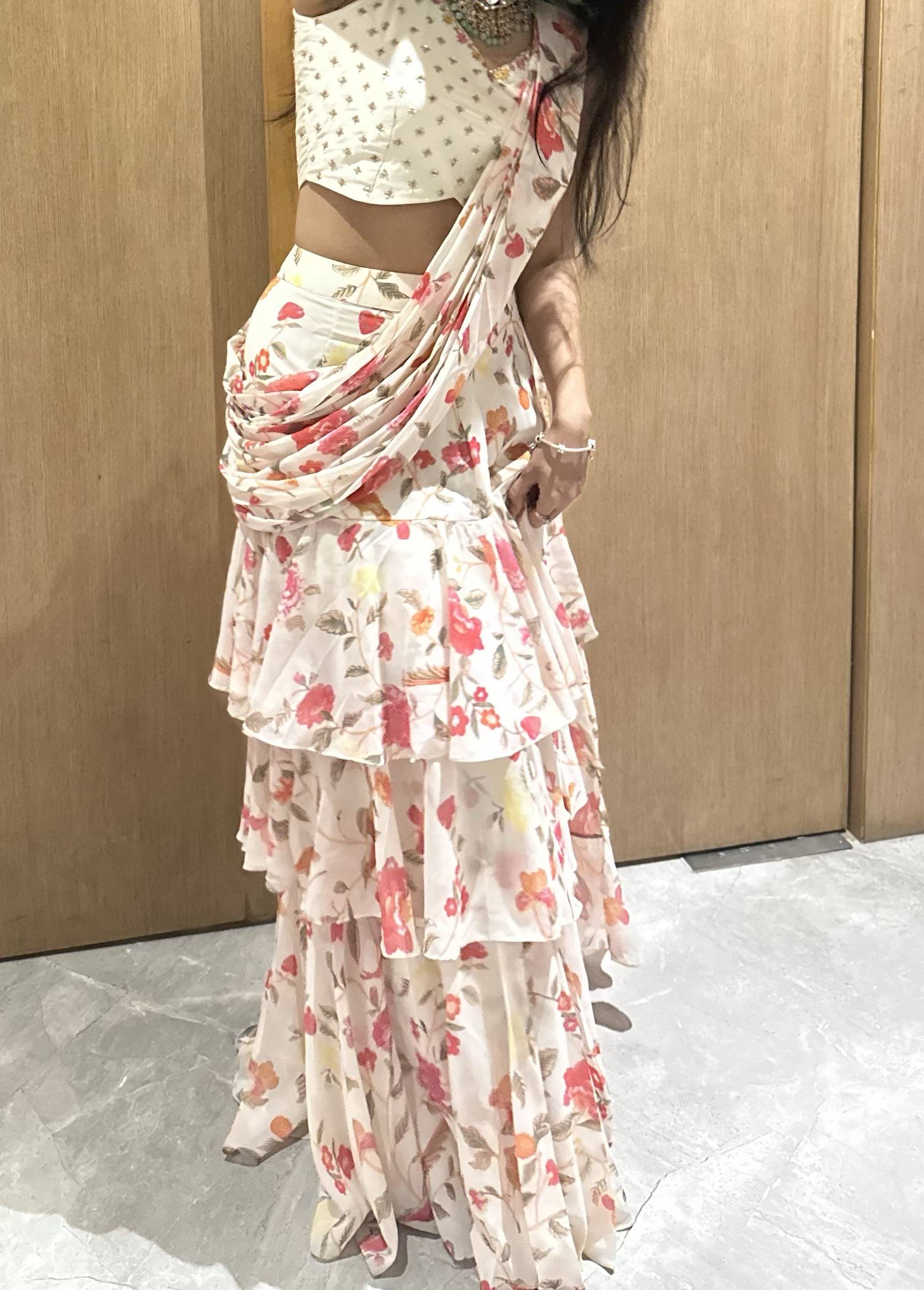 Ivory Floral Pre-Draped Sari Image - 2