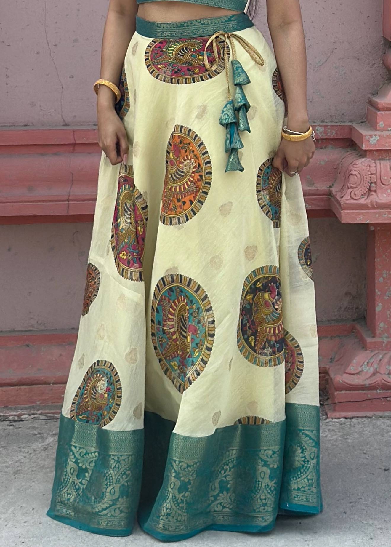 Ivory and Teal Kalamkari Print Lehenga Image - 1