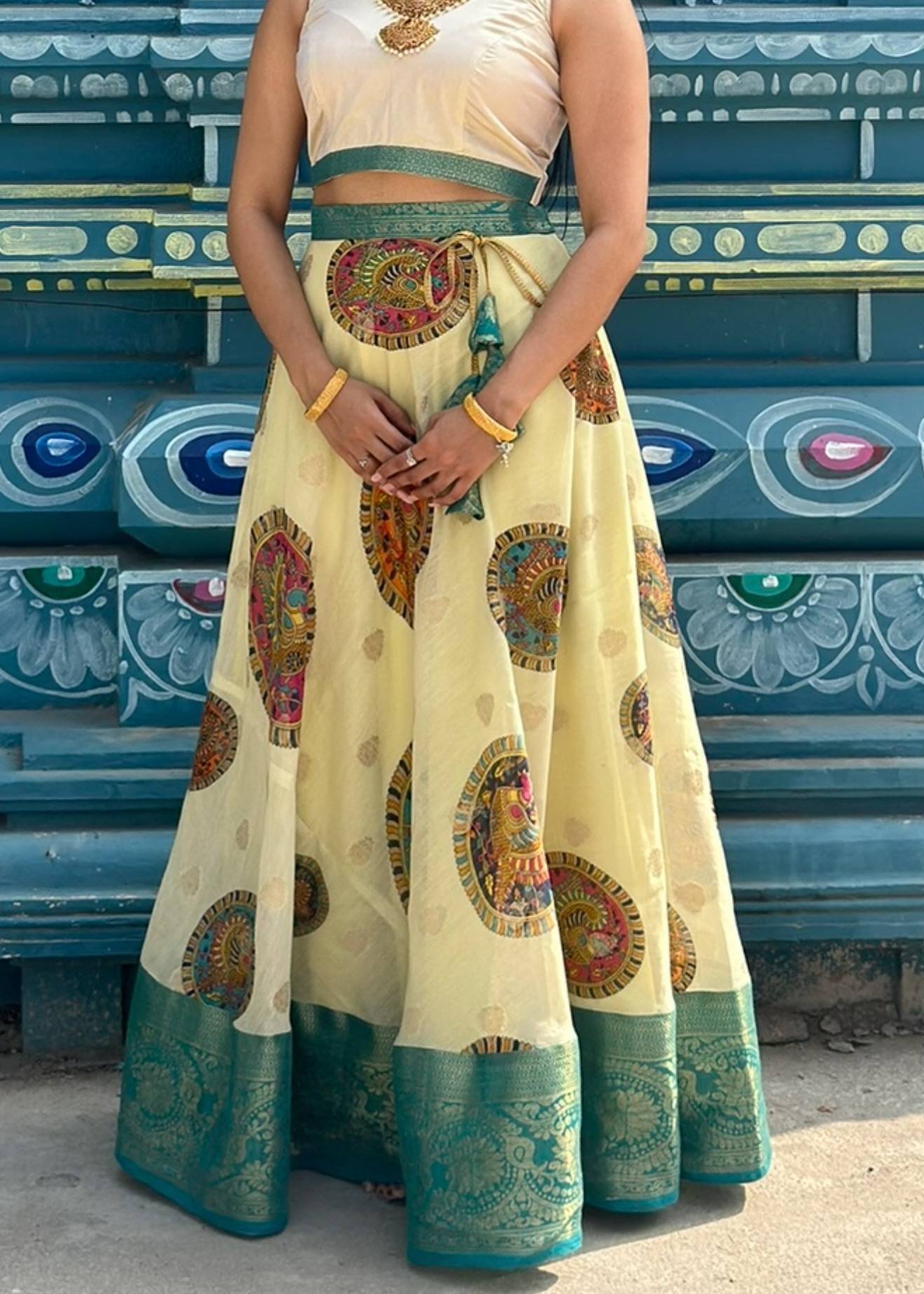 Ivory and Teal Kalamkari Print Lehenga Image - 0