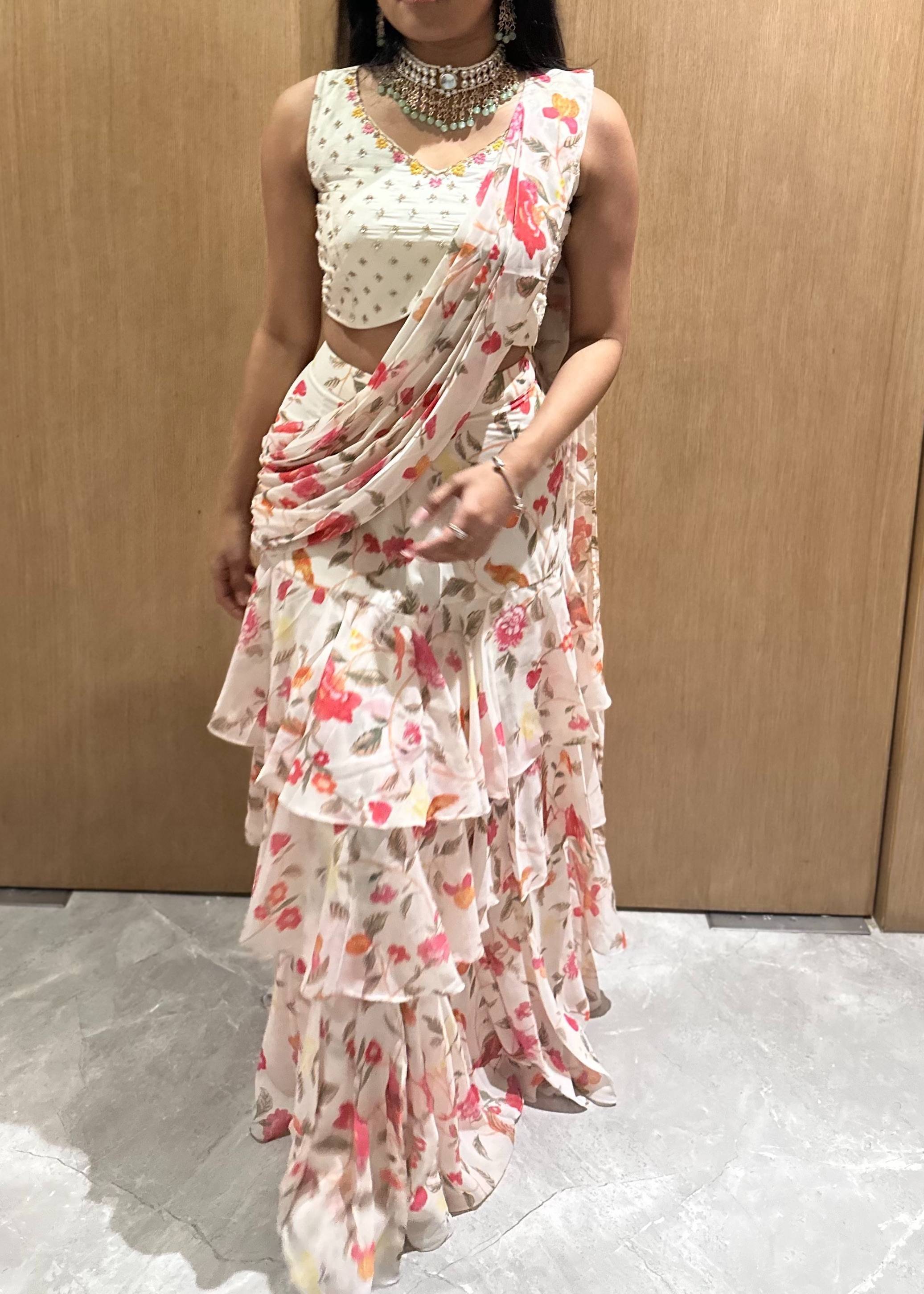 Ivory Floral Pre-Draped Sari Image - 0