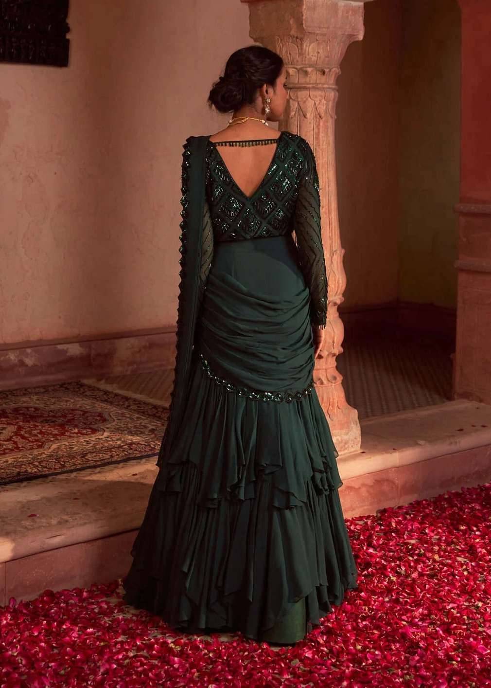 Emerald Green Beaded Tiered Lehenga Image - 1