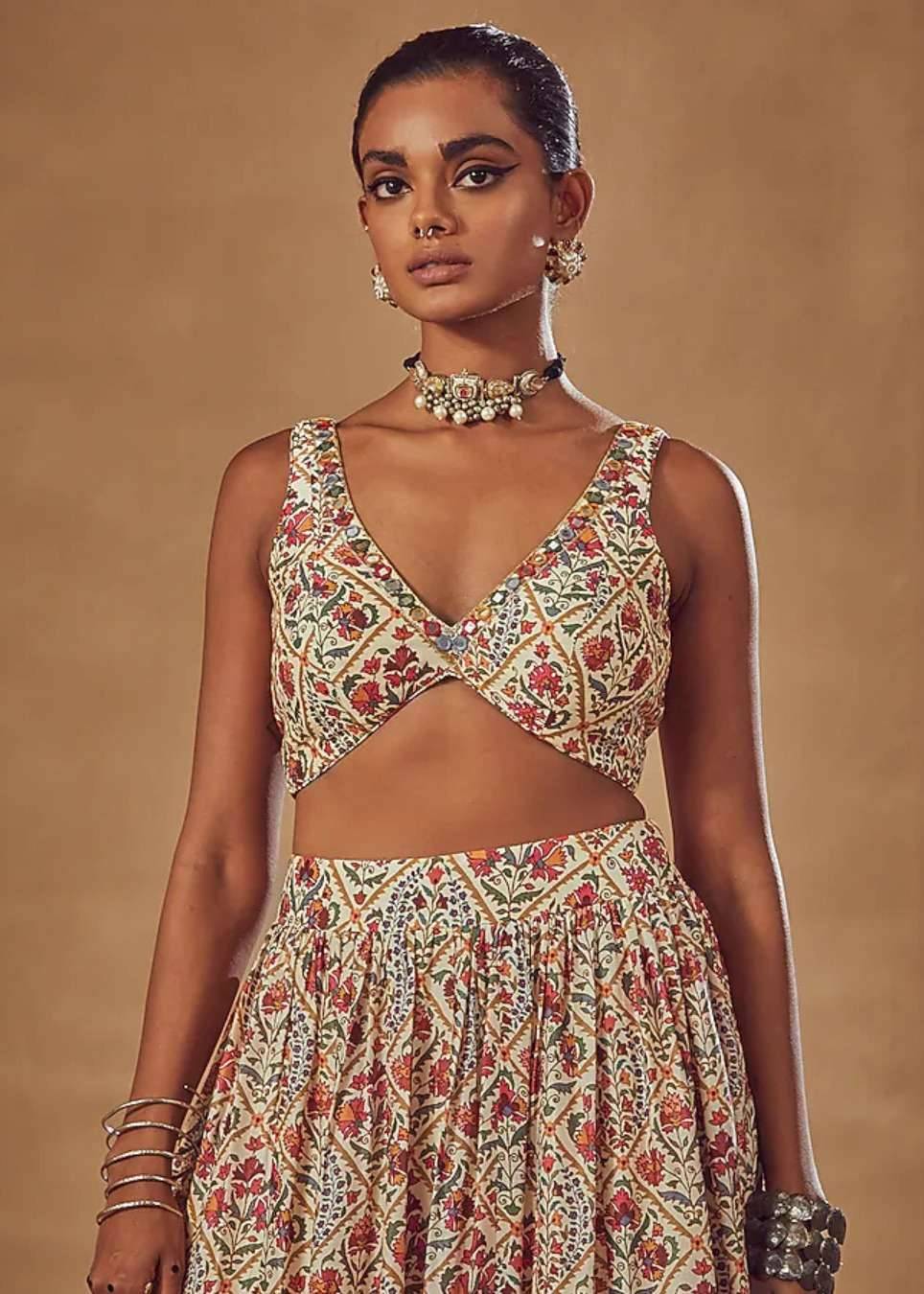 Ivory Floral Print Jacket Lehenga Image - 3
