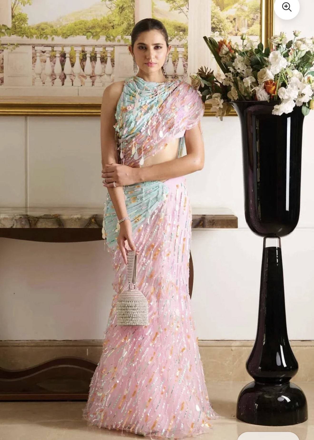 Pink Sequin Sari Image - 3
