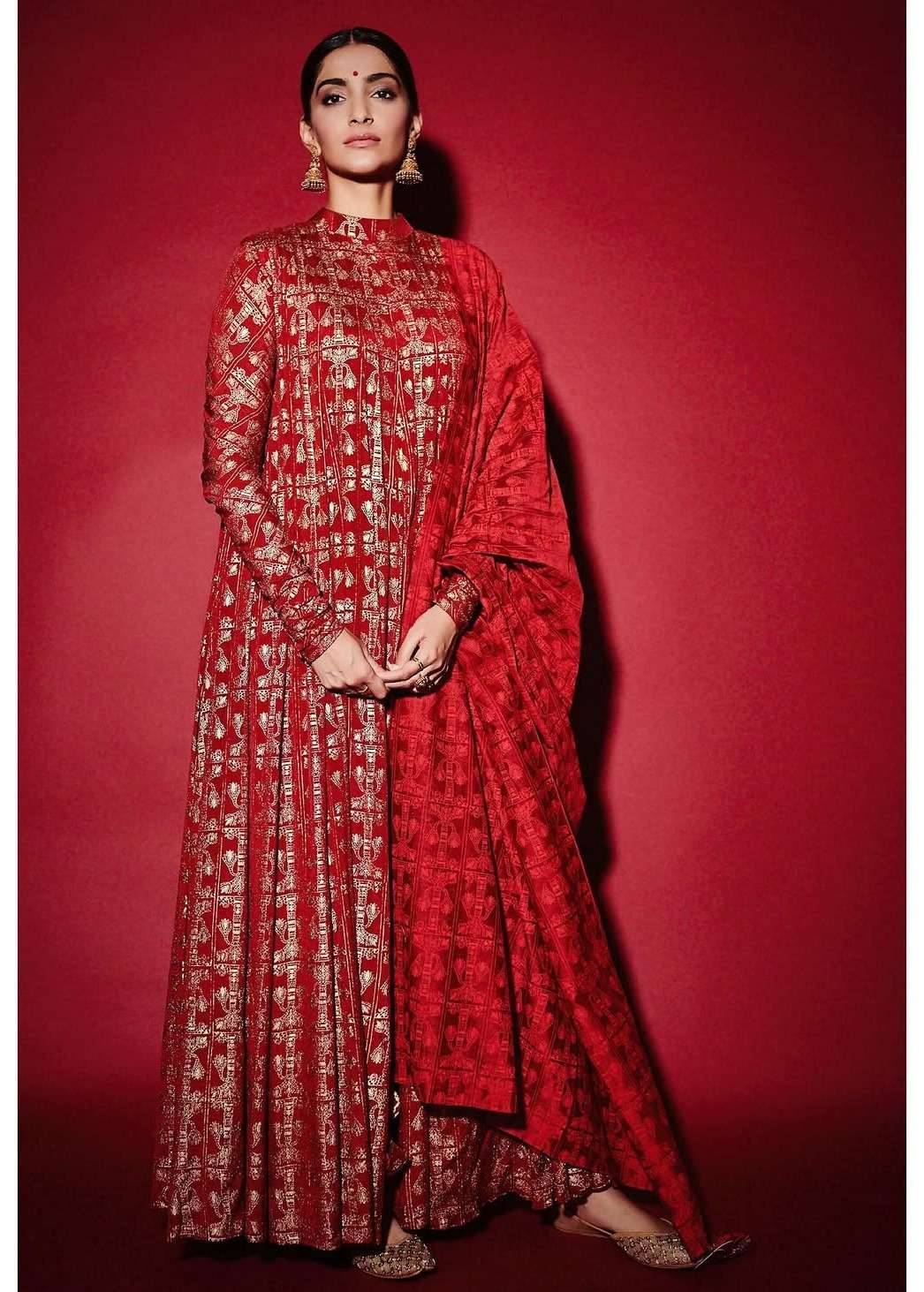 Red Gold Foil-Print Anarkali Image - 0