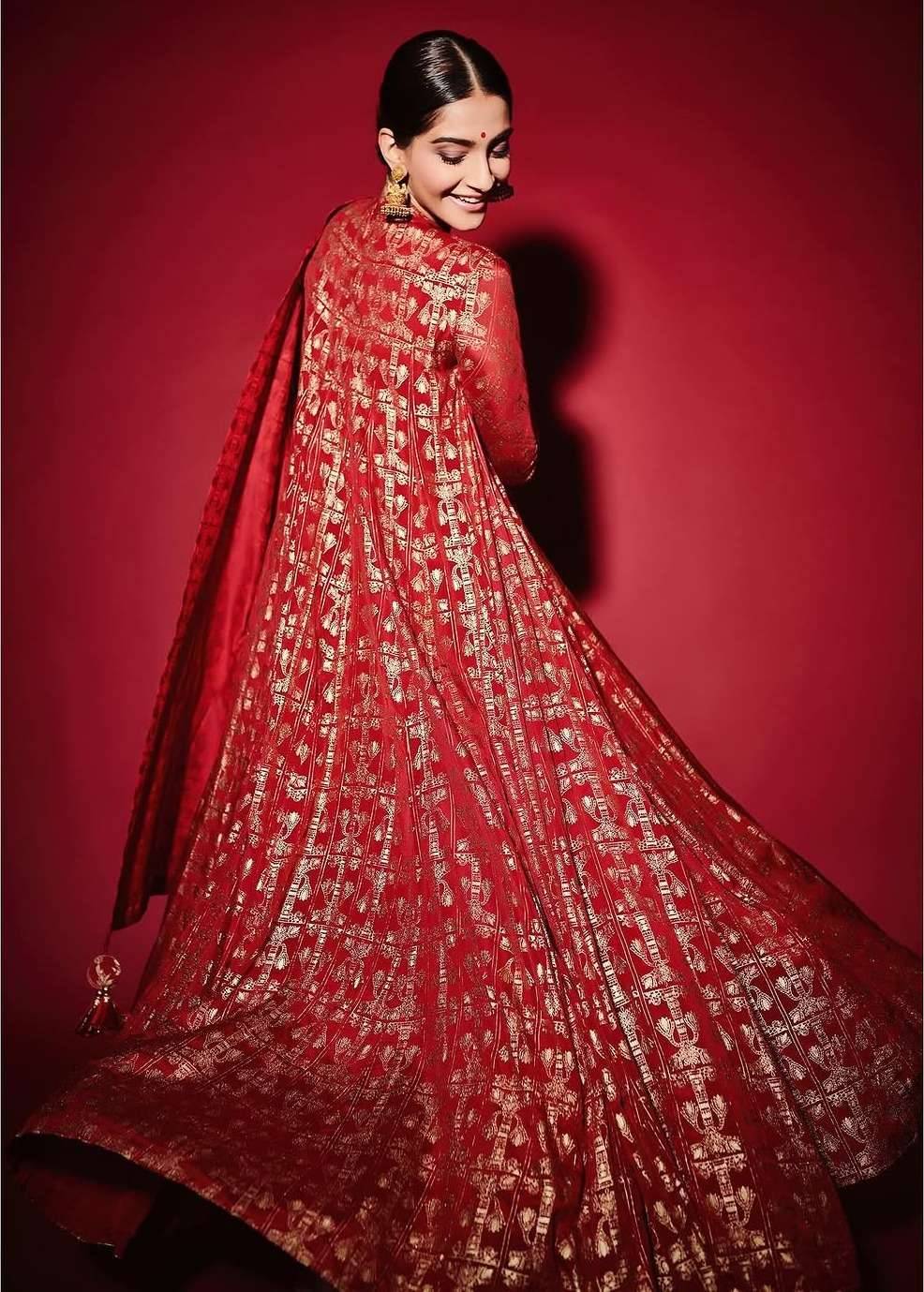 Red Gold Foil-Print Anarkali Image - 2