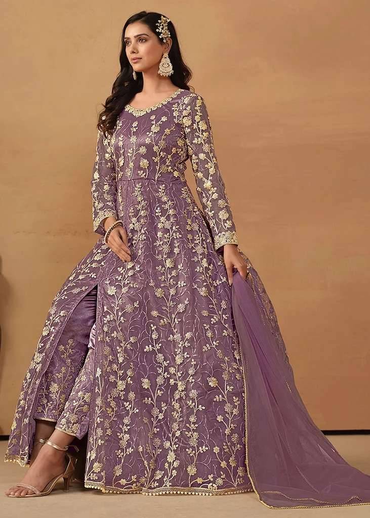 Lavender Gold Embroidered Anarkali Image - 3