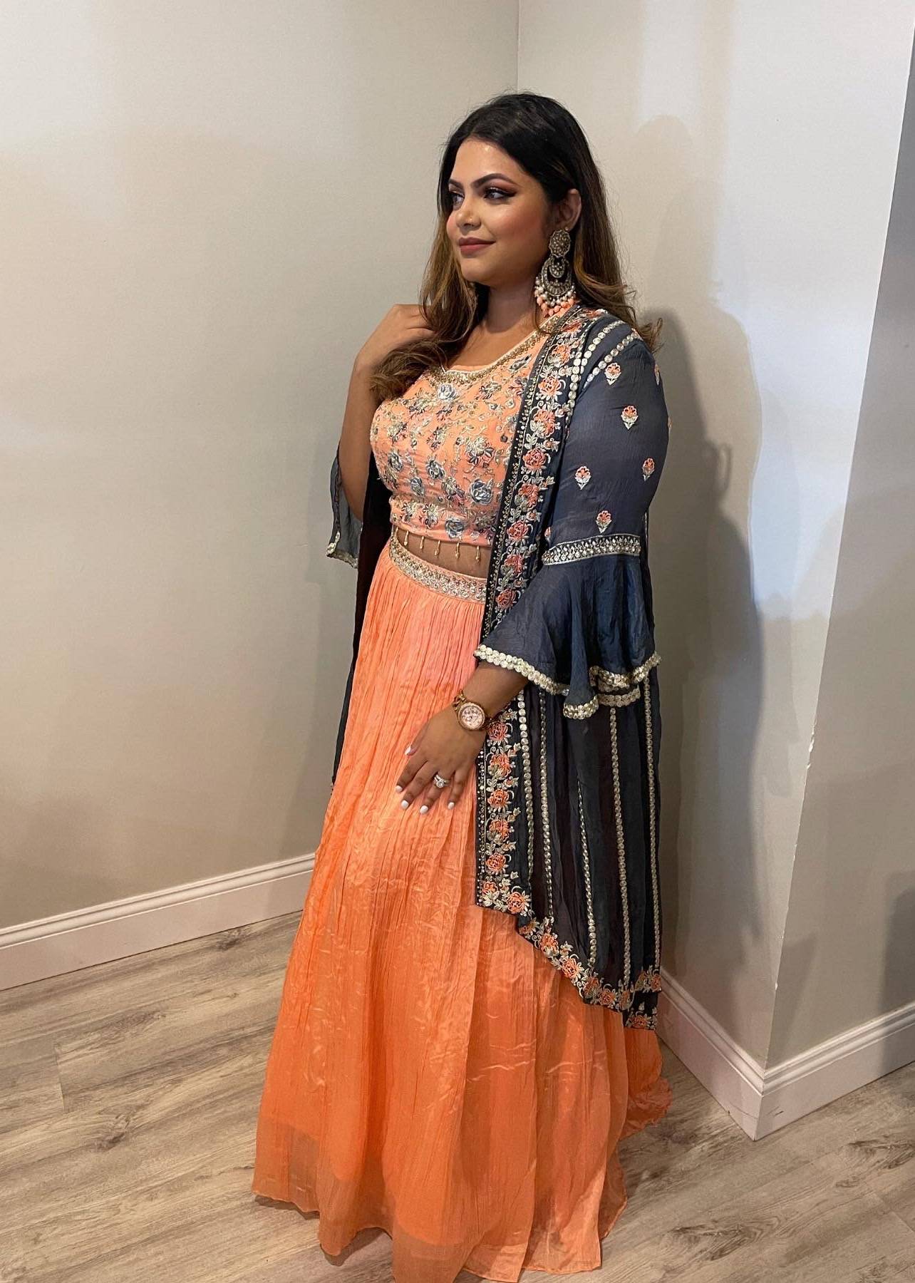 Peach Embroidered Cape Lehenga Image - 3