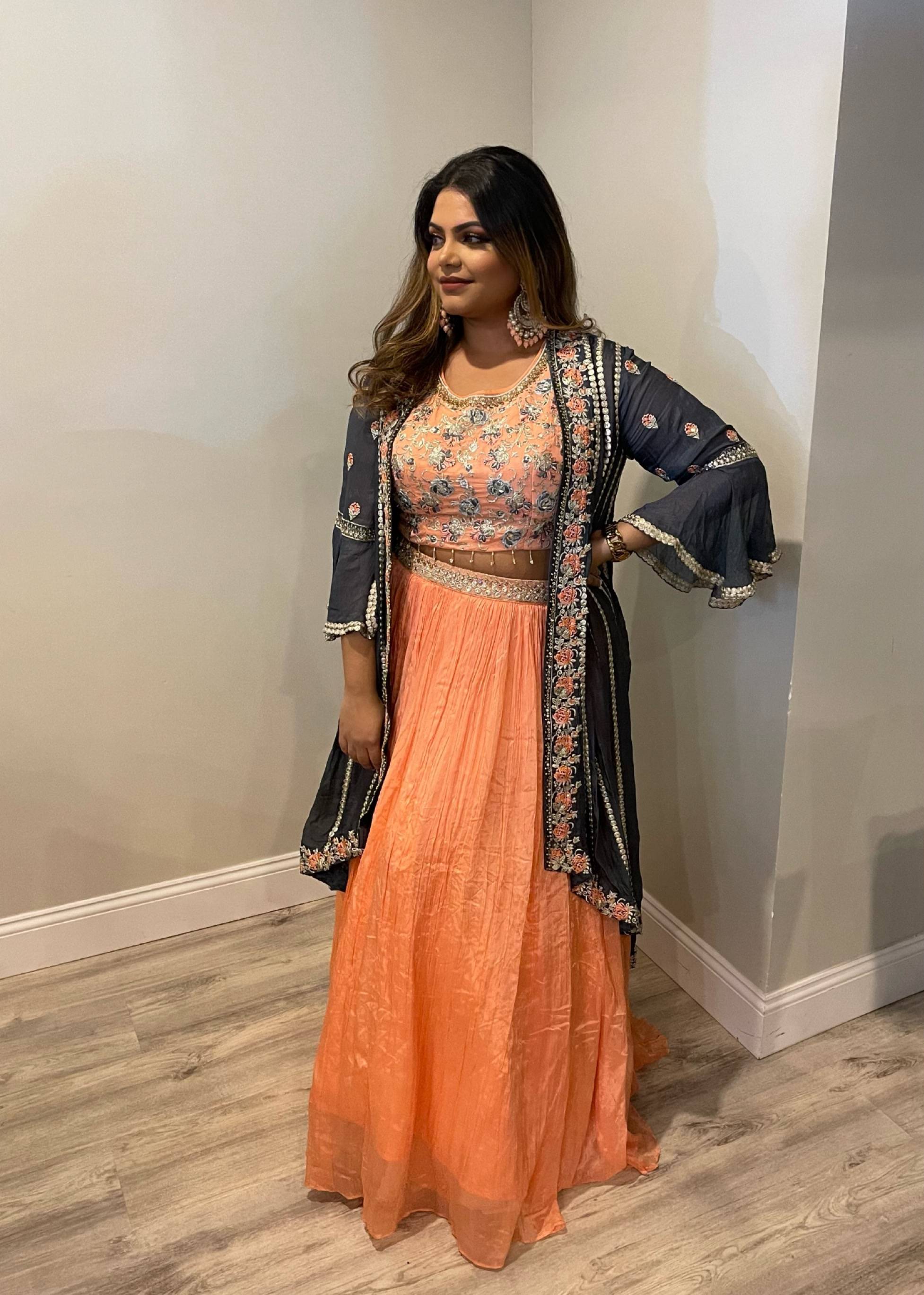 Peach Embroidered Cape Lehenga Image - 2