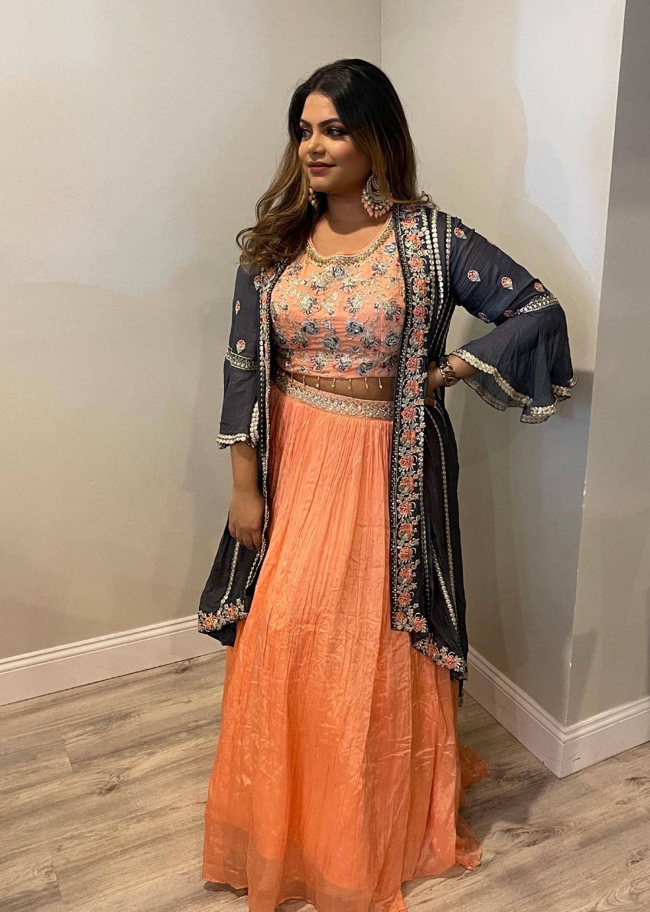 Peach Embroidered Cape Lehenga Image - 0