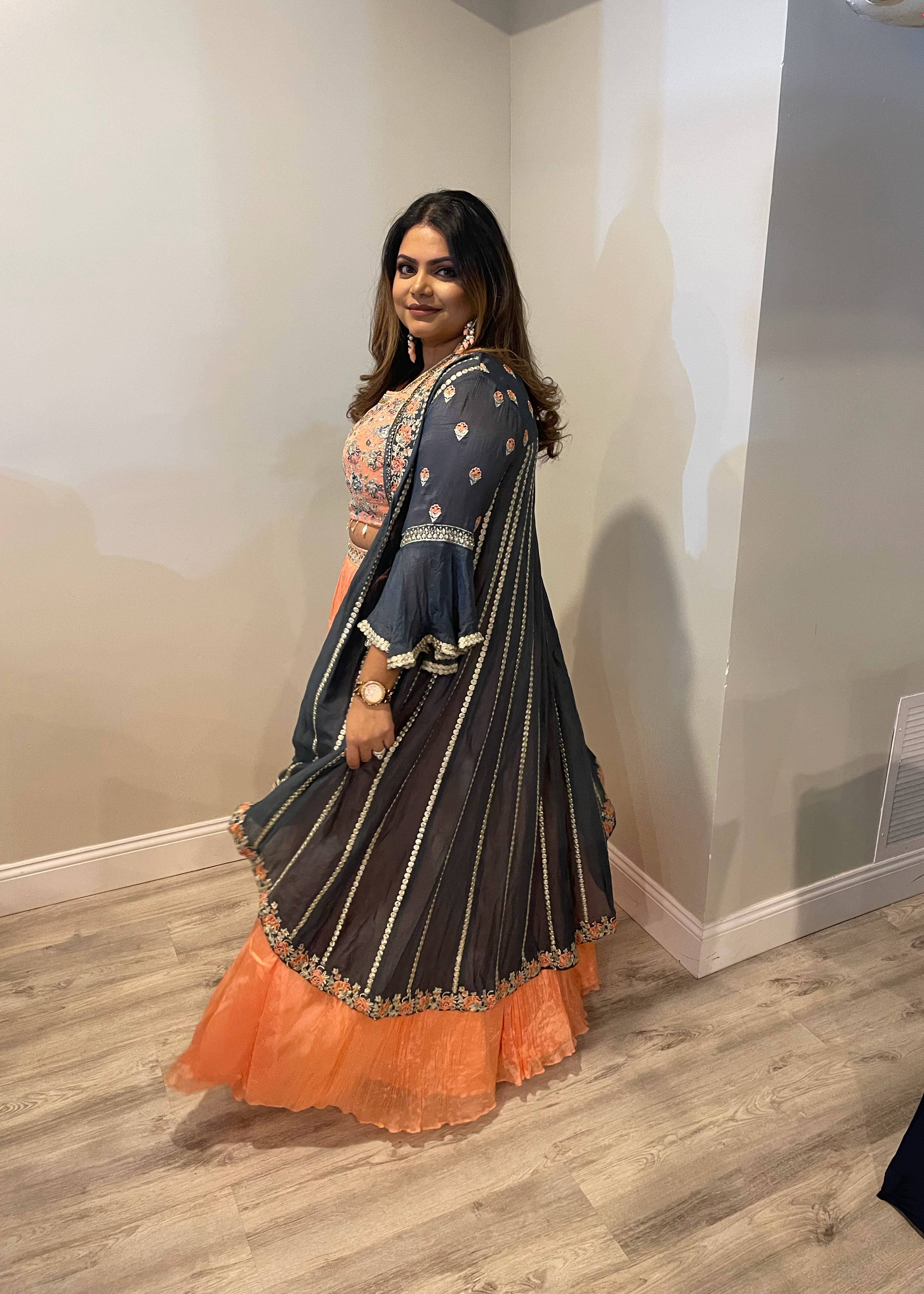 Peach Embroidered Cape Lehenga Image - 1
