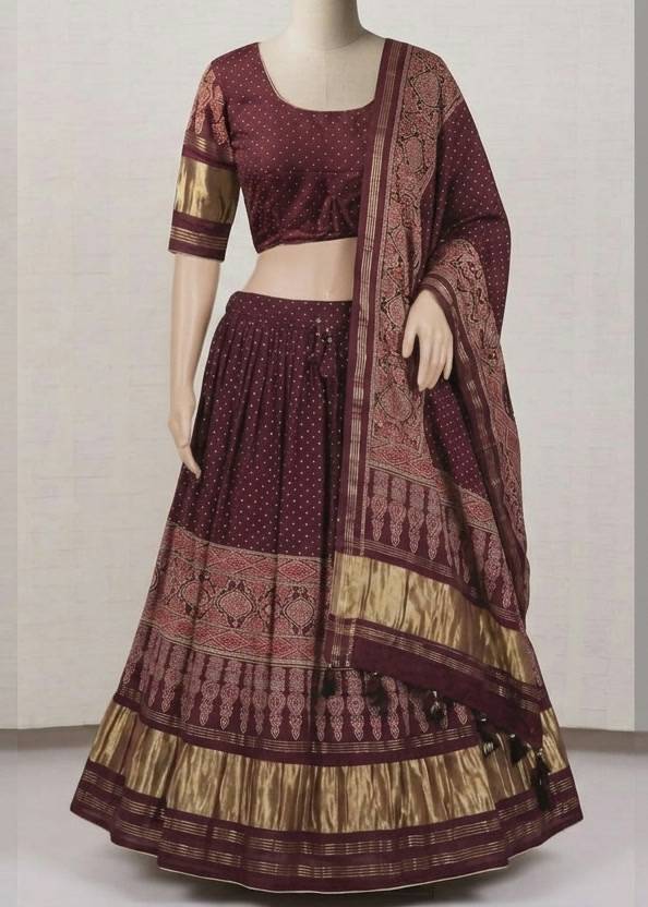Maroon Printed Zari-Border Lehenga Image - 0
