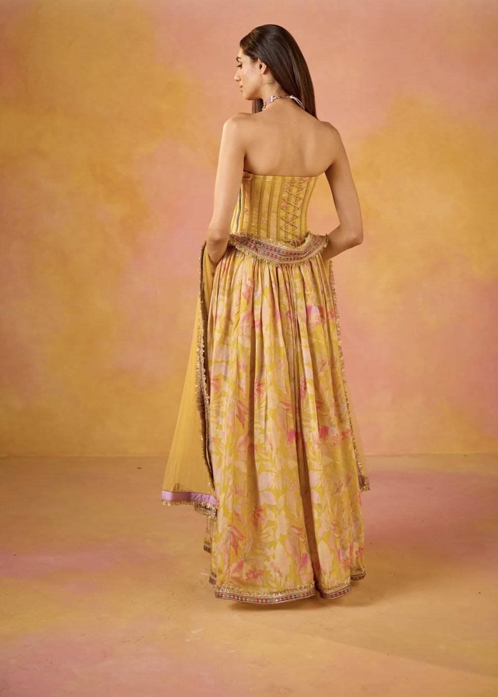 Yellow Corset Floral Lehenga Image - 1