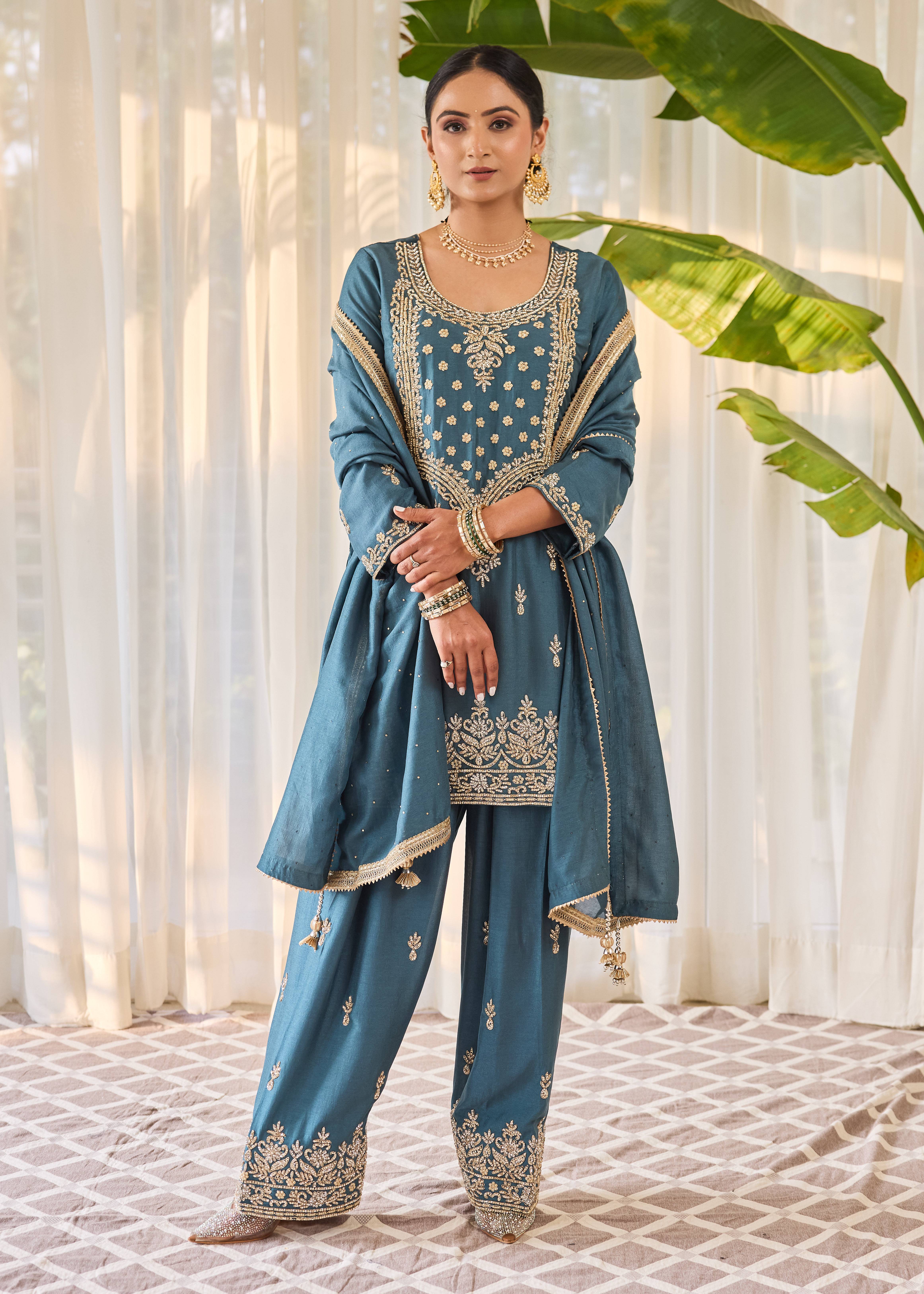 Teal Gold Zardozi Kurta Set Image - 0
