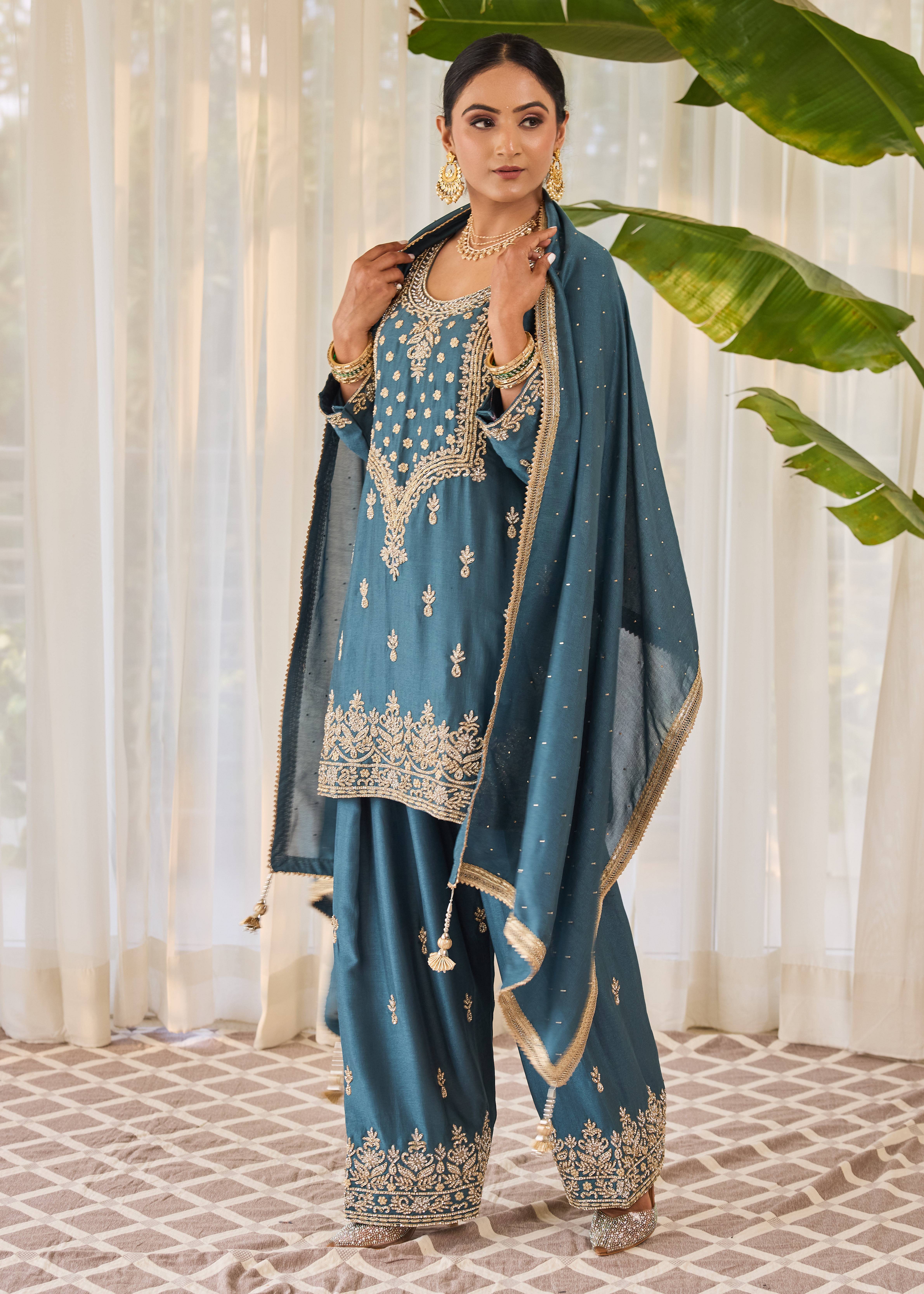 Teal Gold Zardozi Kurta Set Image - 2