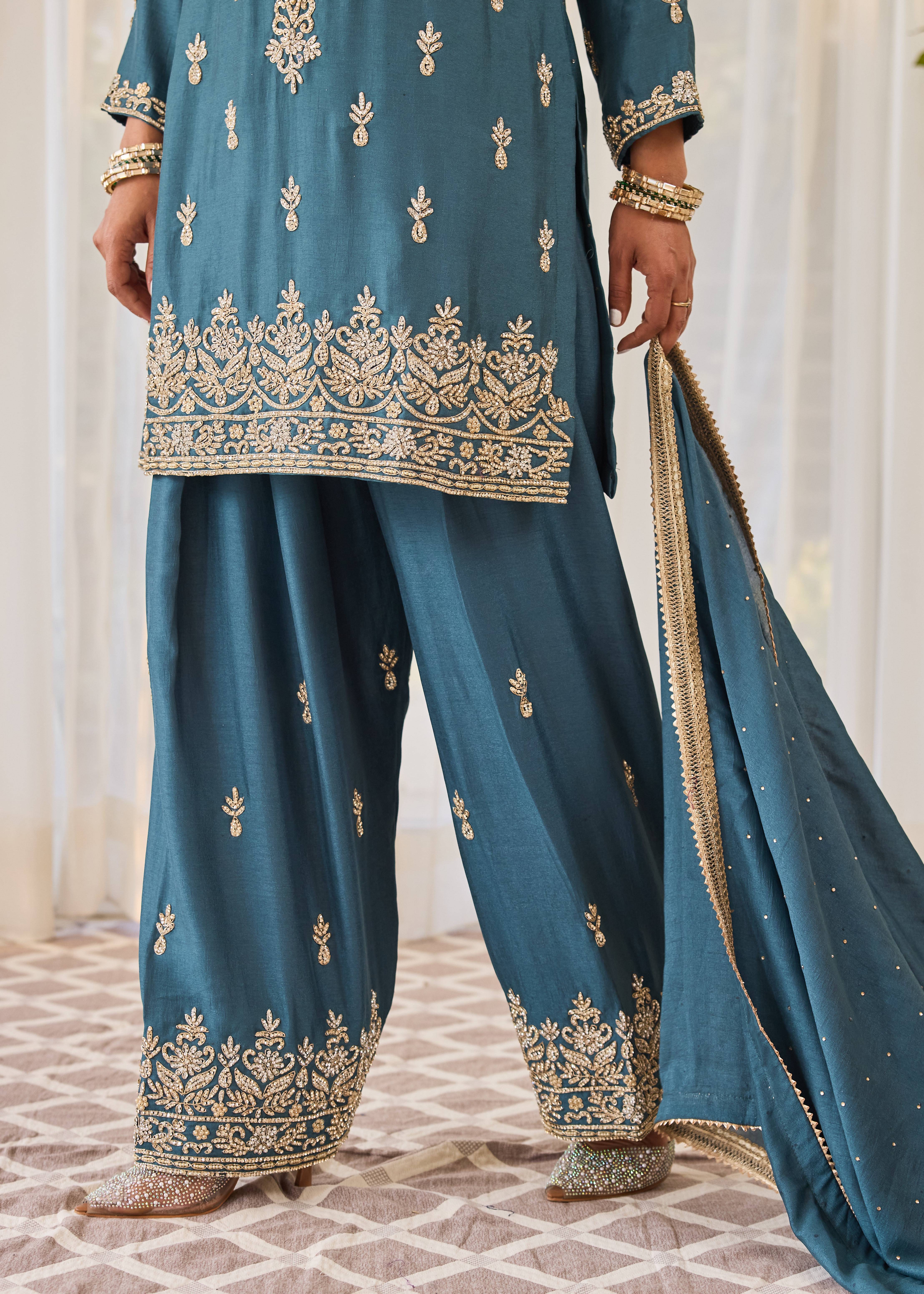 Teal Gold Zardozi Kurta Set Image - 3