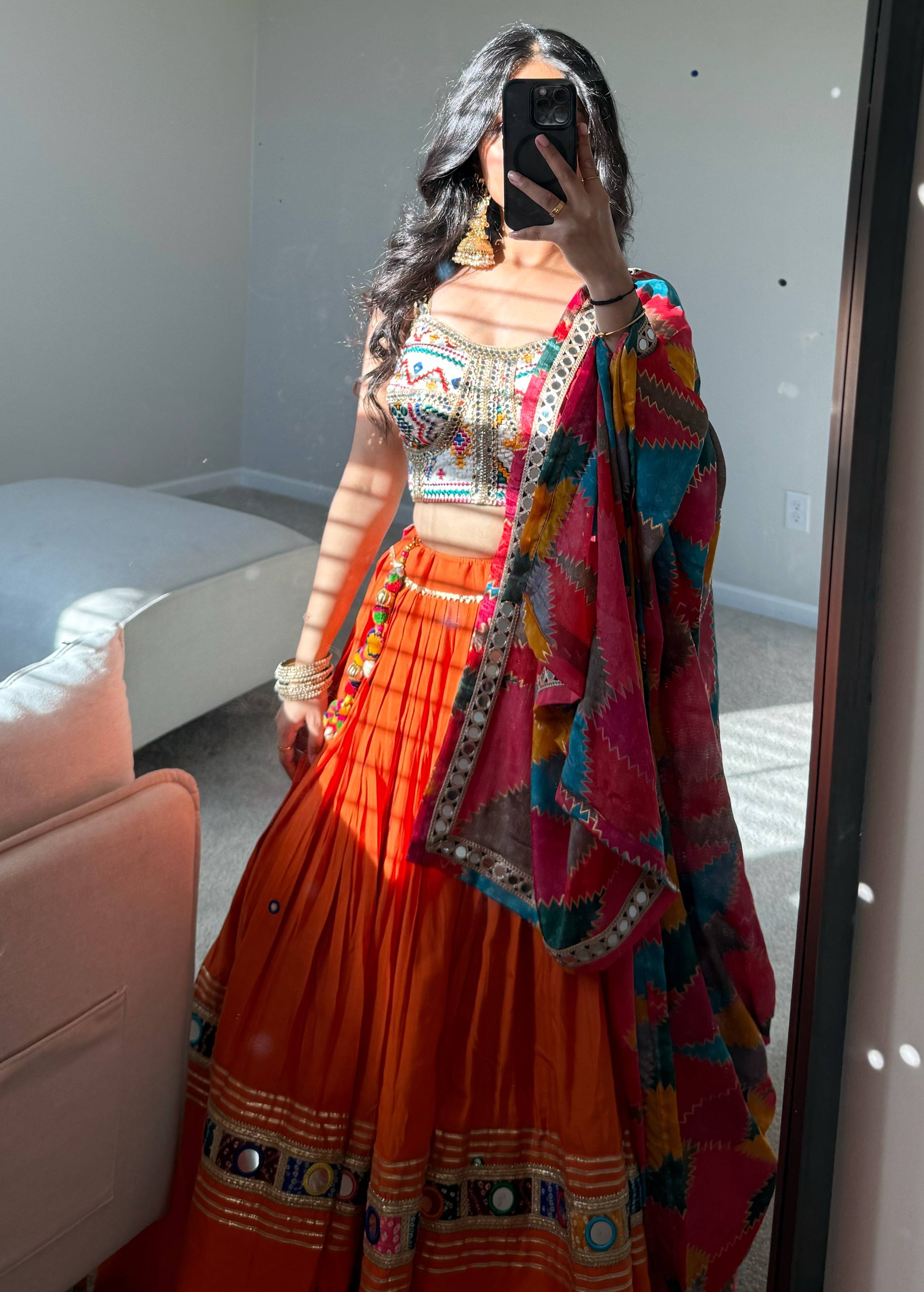 Orange Mirrorwork Lehenga Set Image - 5