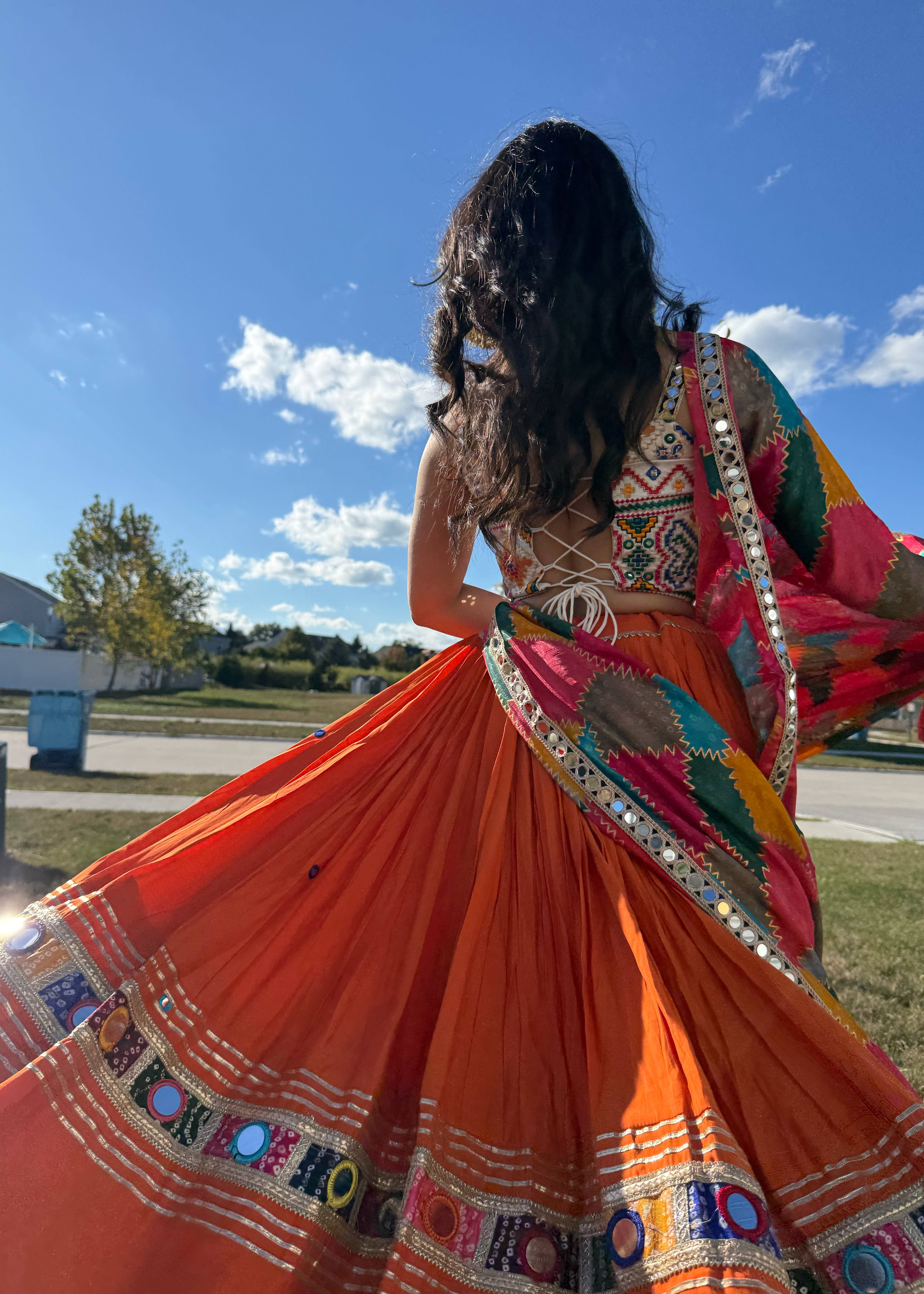 Orange Mirrorwork Lehenga Set Image - 2