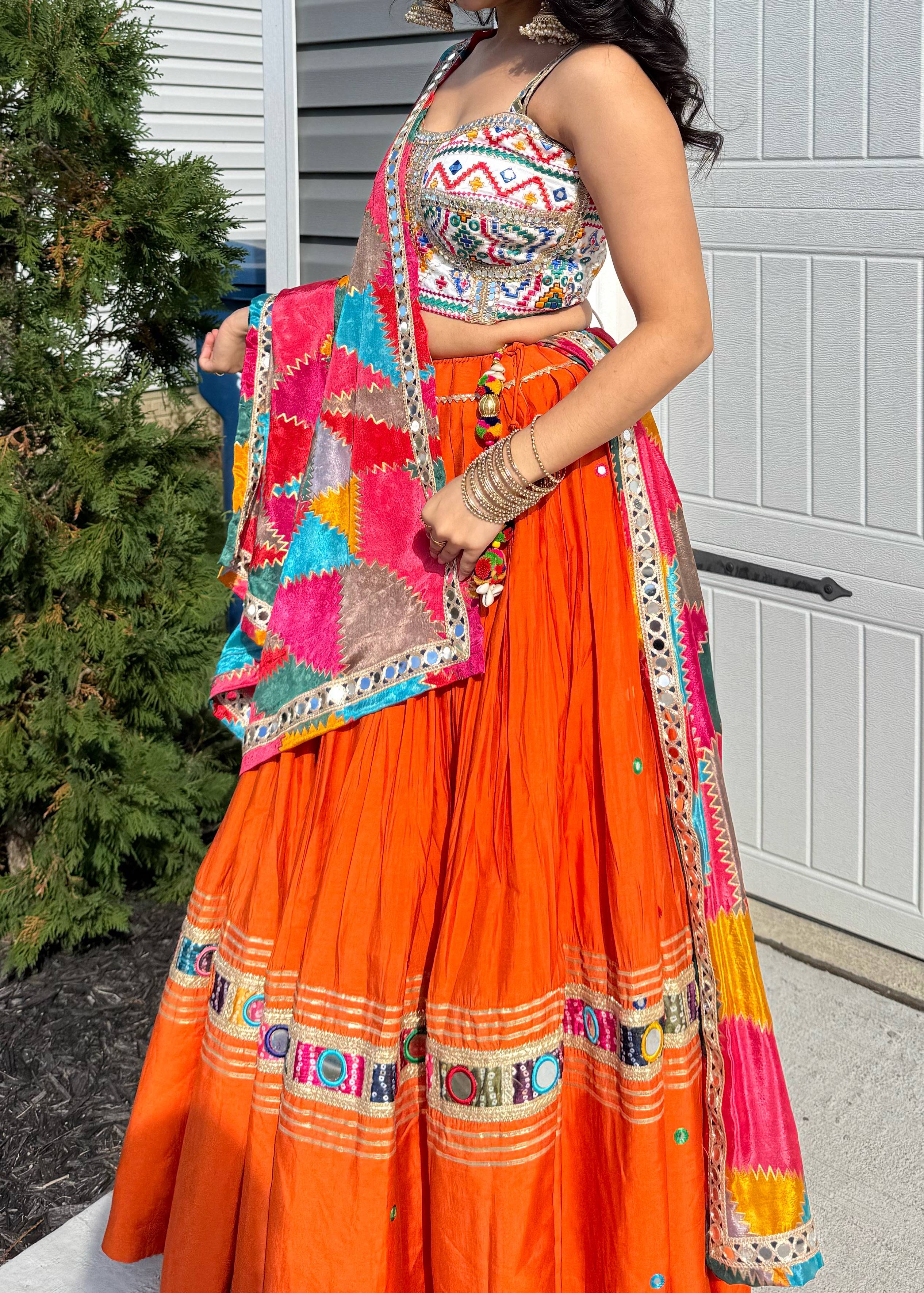 Orange Mirrorwork Lehenga Set Image - 4