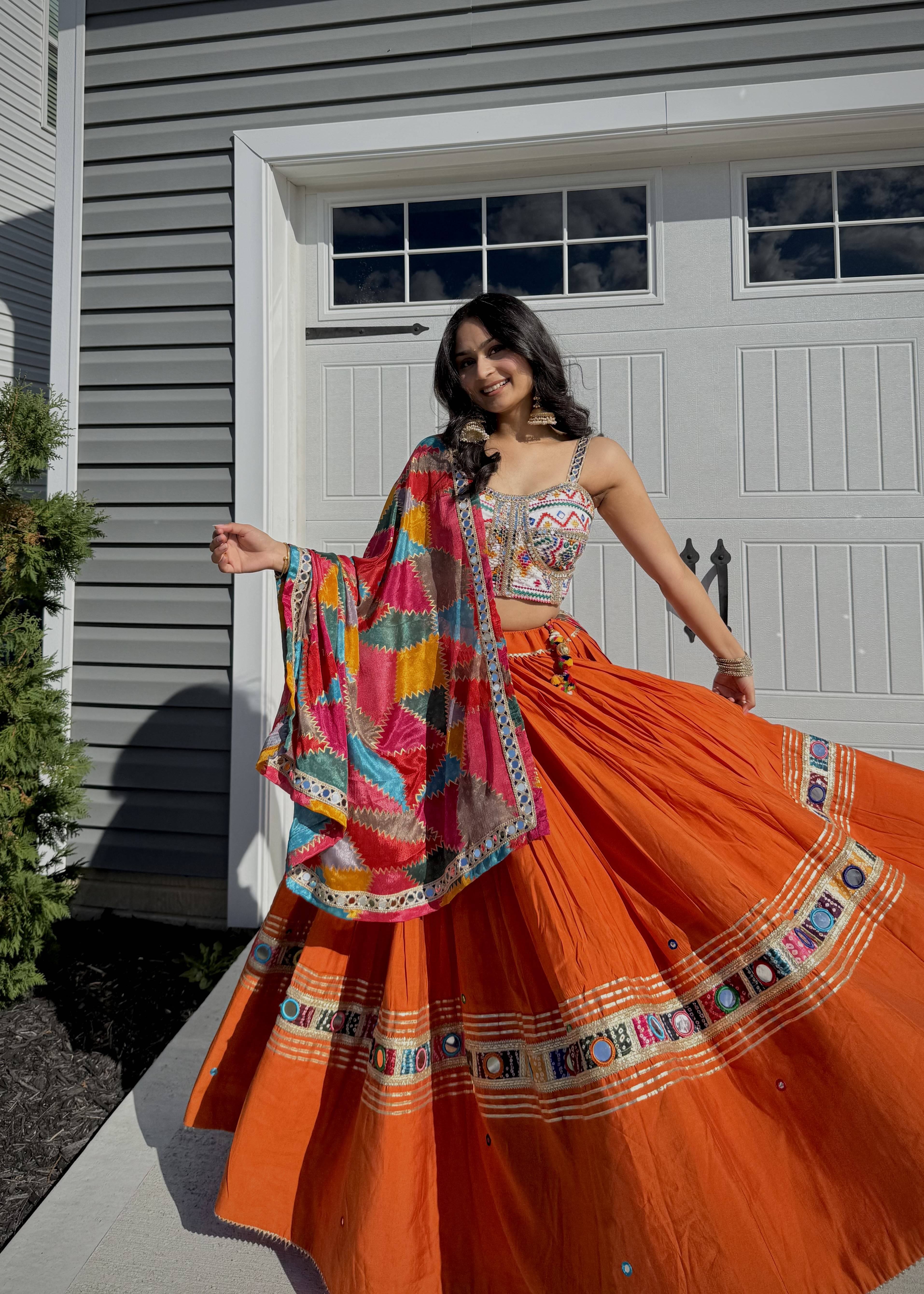 Orange Mirrorwork Lehenga Set Image - 3