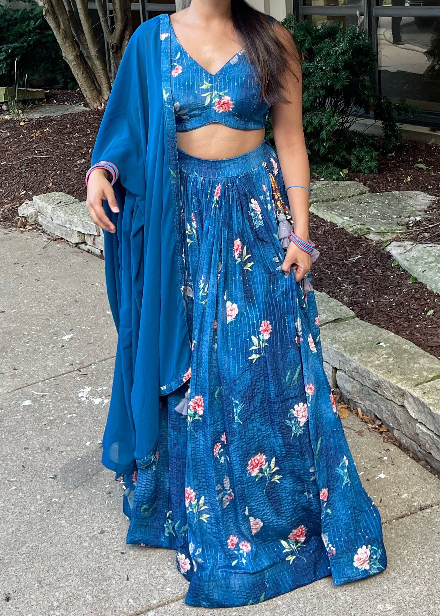 Blue Floral Print Lehenga Image - 3