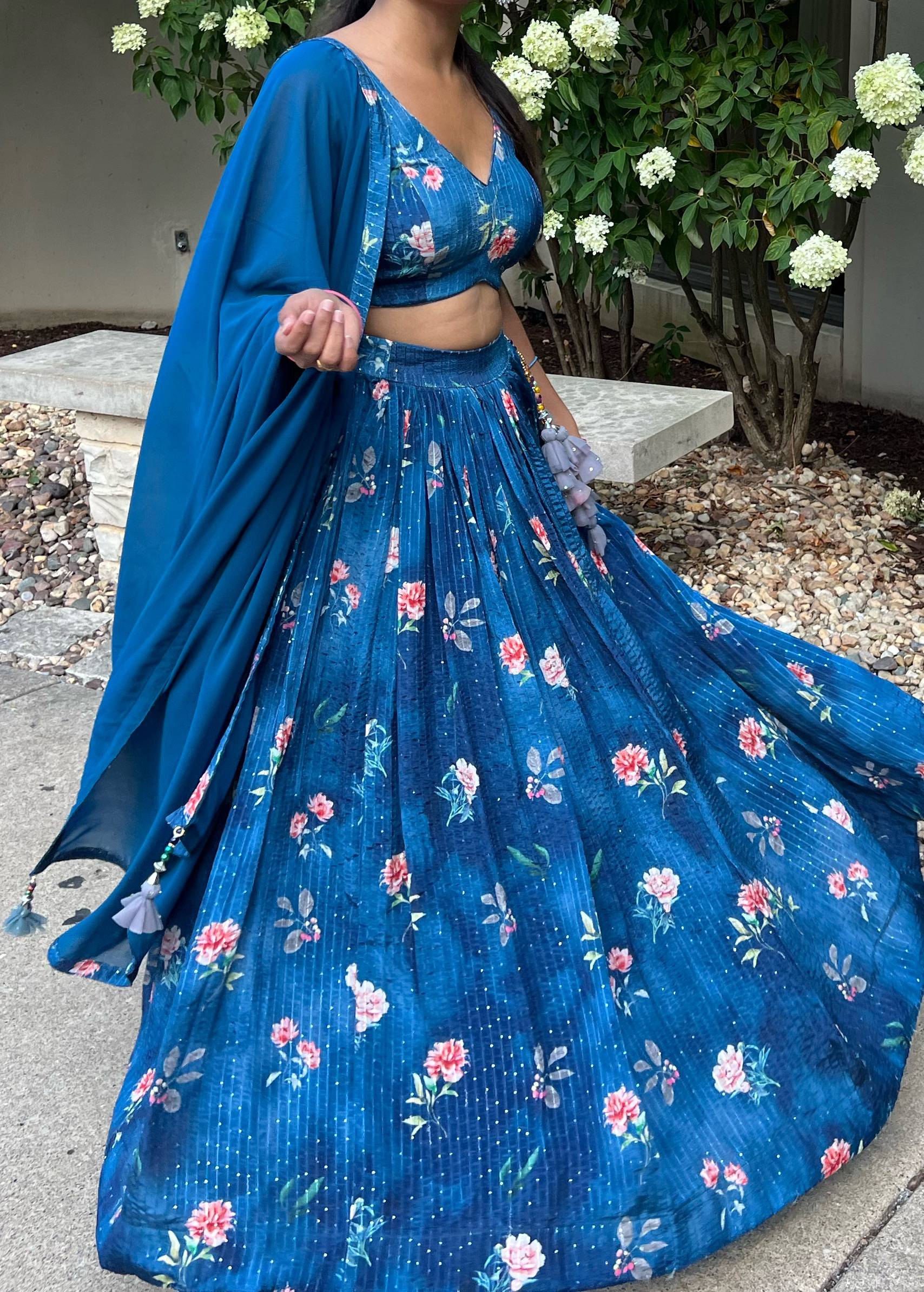 Blue Floral Print Lehenga Image - 2