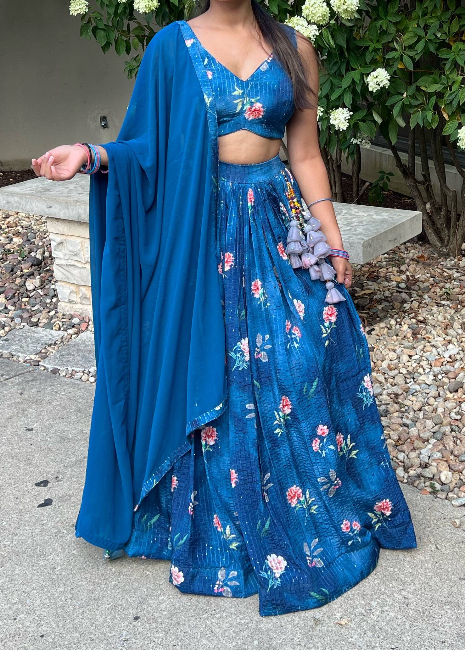 Blue Floral Print Lehenga Image - 0