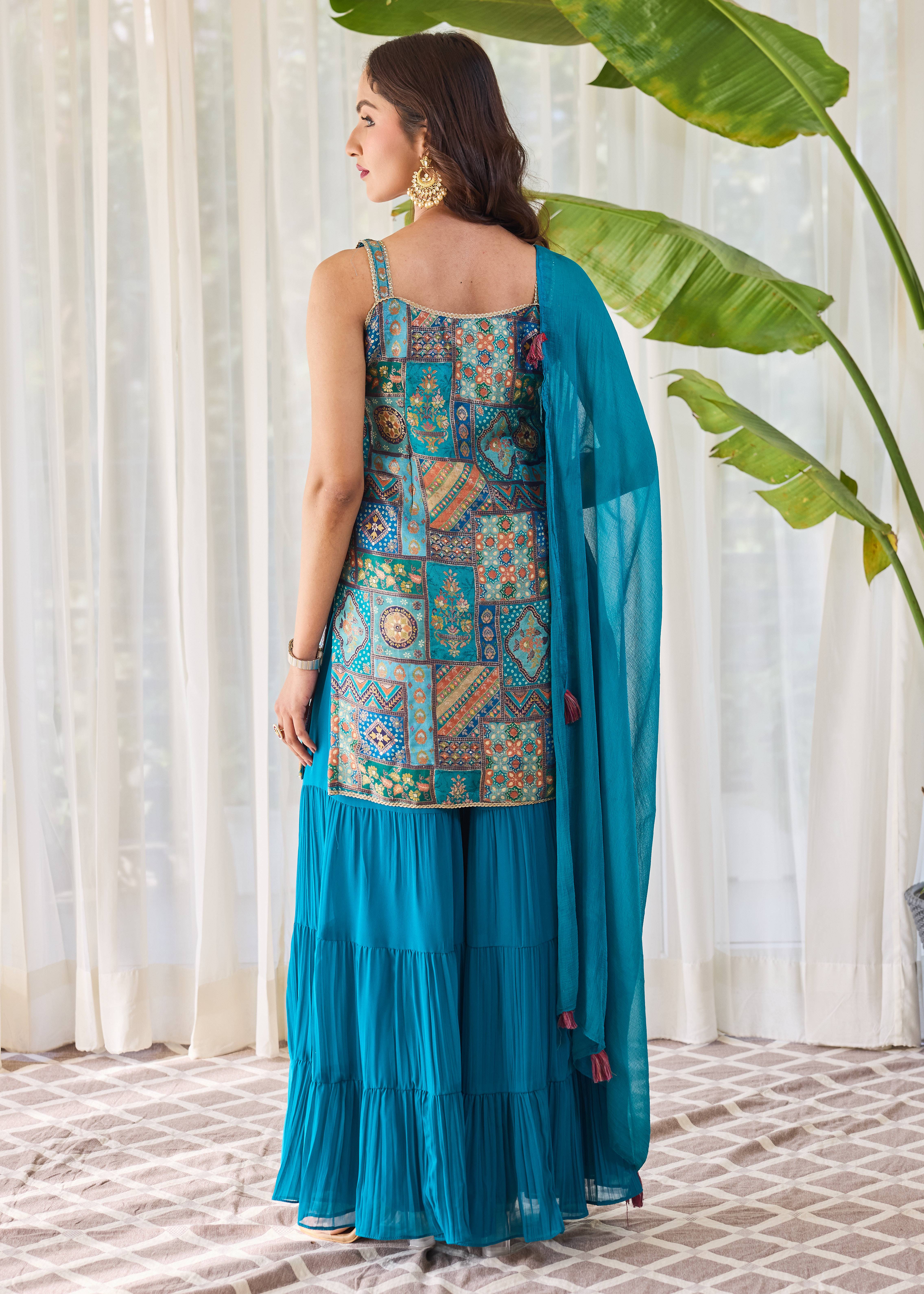 Teal Patchwork Mirrorwork Sharara Set Image - 2